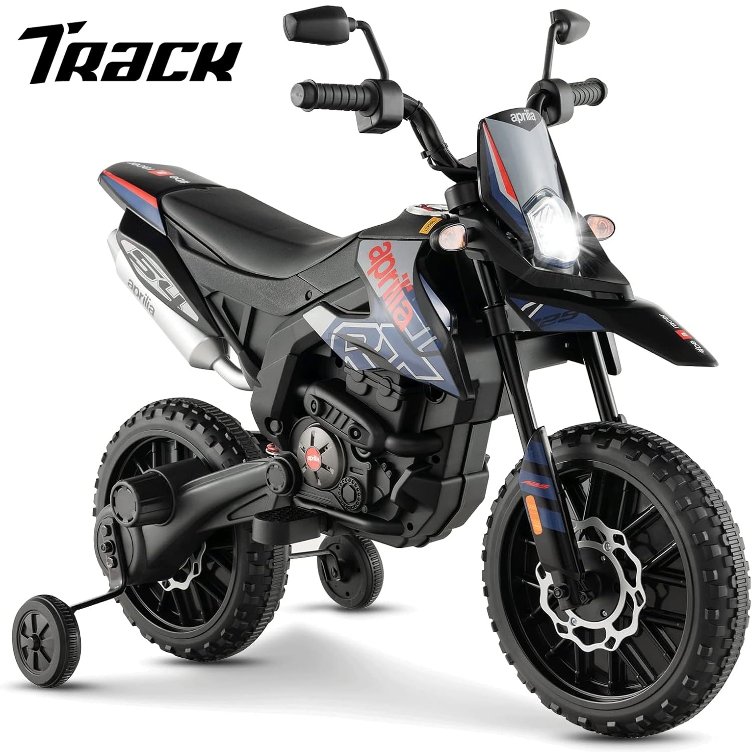 Track 7 12 V Ride on Motorcycle, Licensed Aprilia RX125 Kids Electric Motorcycle with Training Wheels, Spring Suspension, LED Lights, Music, Black