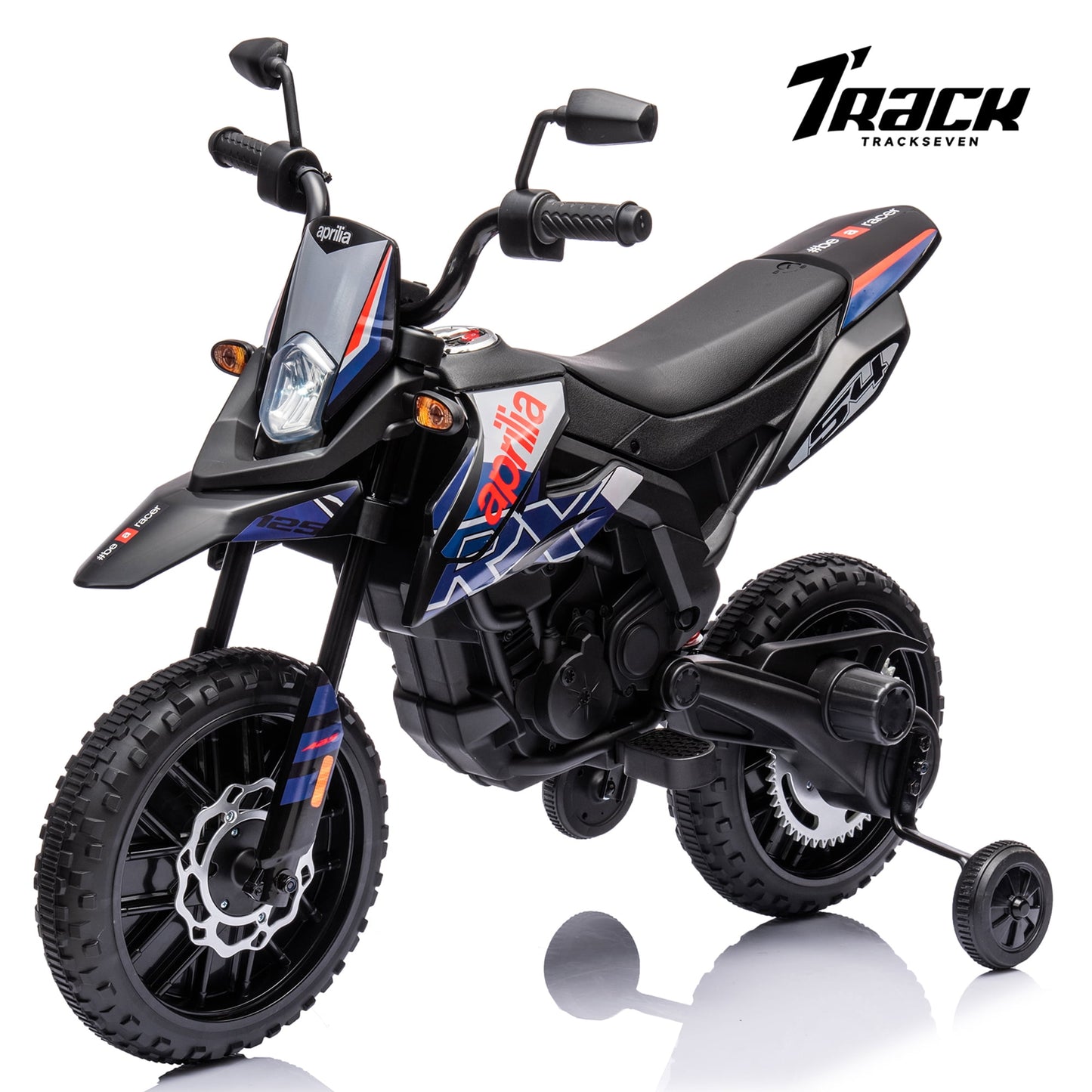 Track 7 12 V Ride on Motorcycle, Licensed Aprilia RX125 Kids Electric Motorcycle with Training Wheels, Spring Suspension, LED Lights, Music, Black