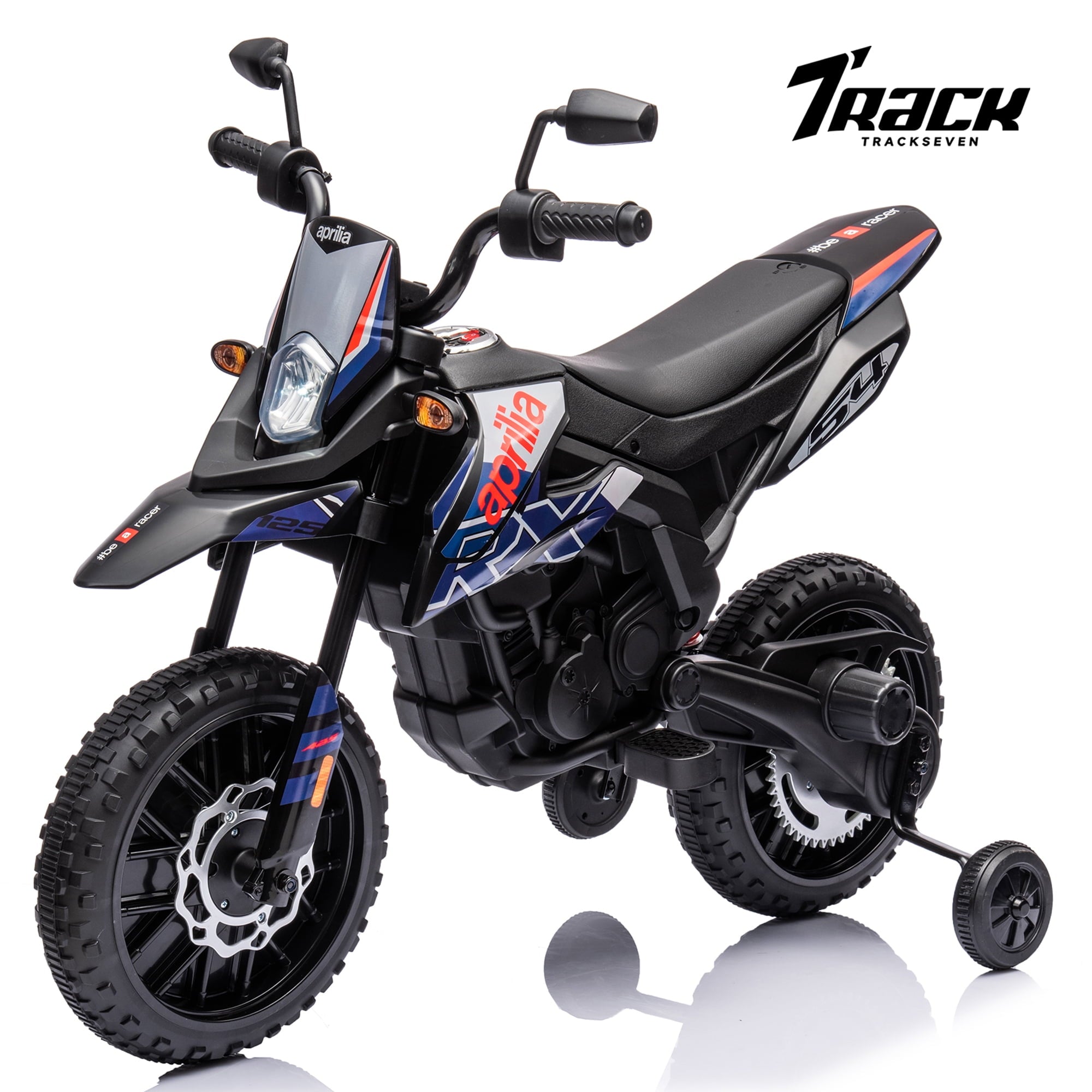 Track 7 12 V Ride on Motorcycle, Licensed Aprilia RX125 Kids Electric Motorcycle with Training Wheels, Spring Suspension, LED Lights, Music, Black
