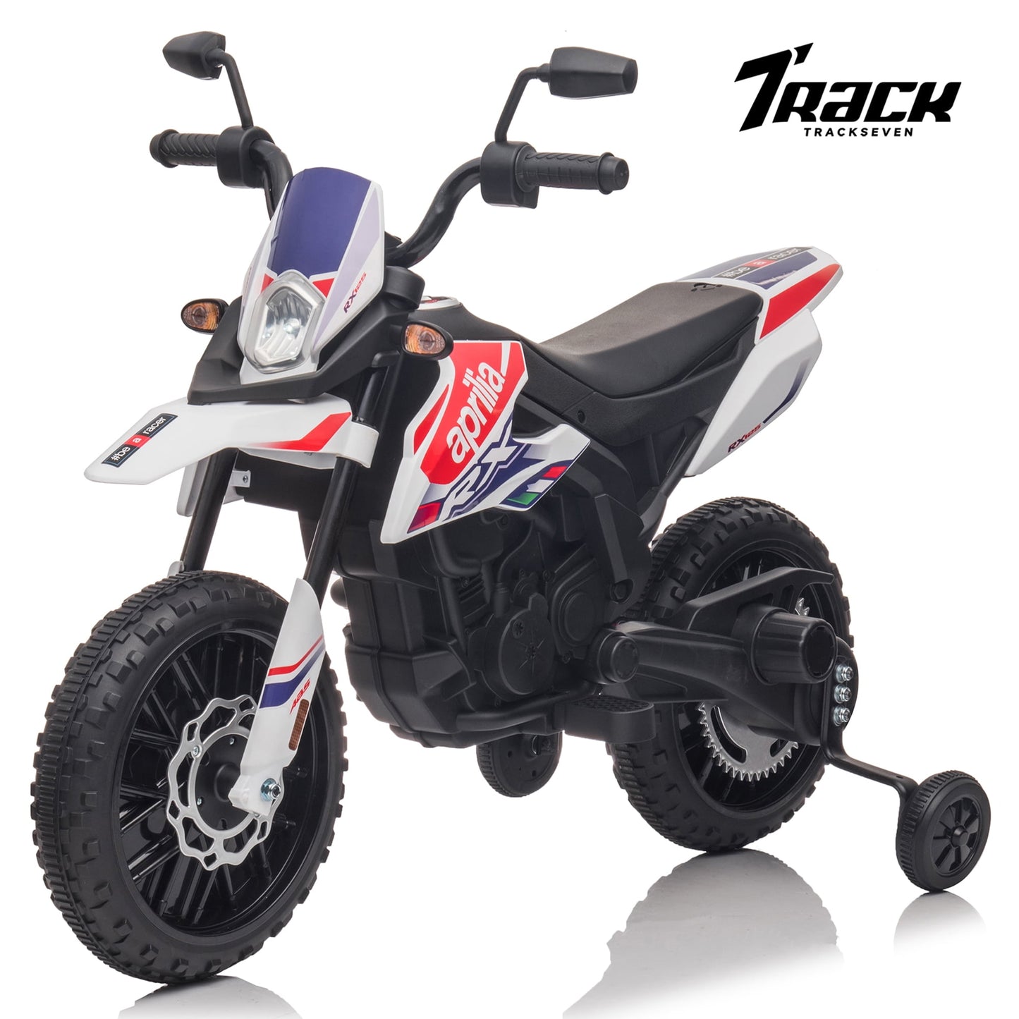 Track 7 12 V Ride on Motorcycle, Licensed Aprilia RX125 Kids Electric Motorcycle with Training Wheels, Spring Suspension, LED Lights, Music, Black