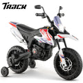Track 7 12 V Ride on Motorcycle, Licensed Aprilia RX125 Kids Electric Motorcycle with Training Wheels, Spring Suspension, LED Lights, Music, White