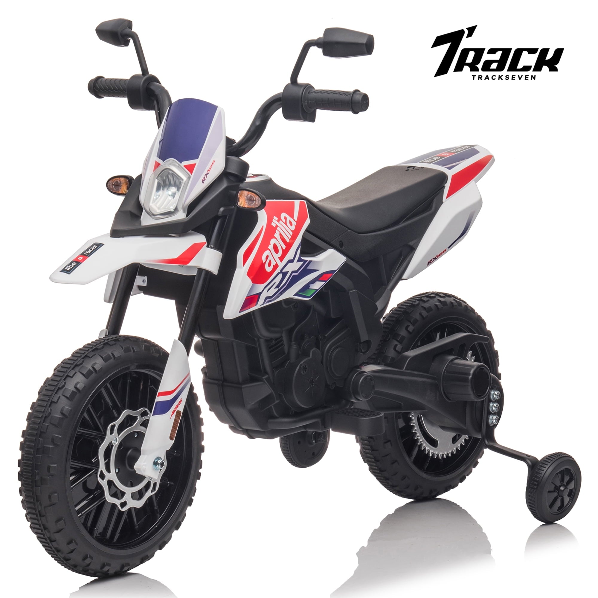 Track 7 12 V Ride on Motorcycle, Licensed Aprilia RX125 Kids Electric Motorcycle with Training Wheels, Spring Suspension, LED Lights, Music, Black