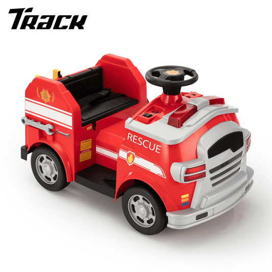 Track Seven 6V Electric Fire Truck Ride-On for Kids, Early Education, Fun with Fire Tools, Lights, Horns & Sirens, Slow Start Ride on Toy for Ages 2-8, Red