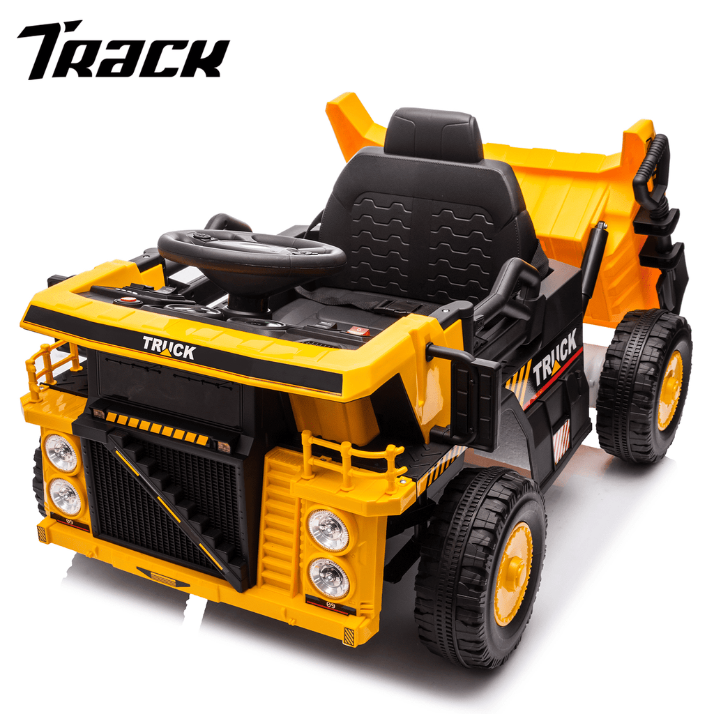 Track 7 12V Electric Ride-On Dump Truck, Parental Remote Control, 2WD Rear-Wheel Suspension, Electric Dump Bed & Bonus Shovel, Bluetooth Multimedia, Adjustable Volume & Speed, LED Lighting, Yellow