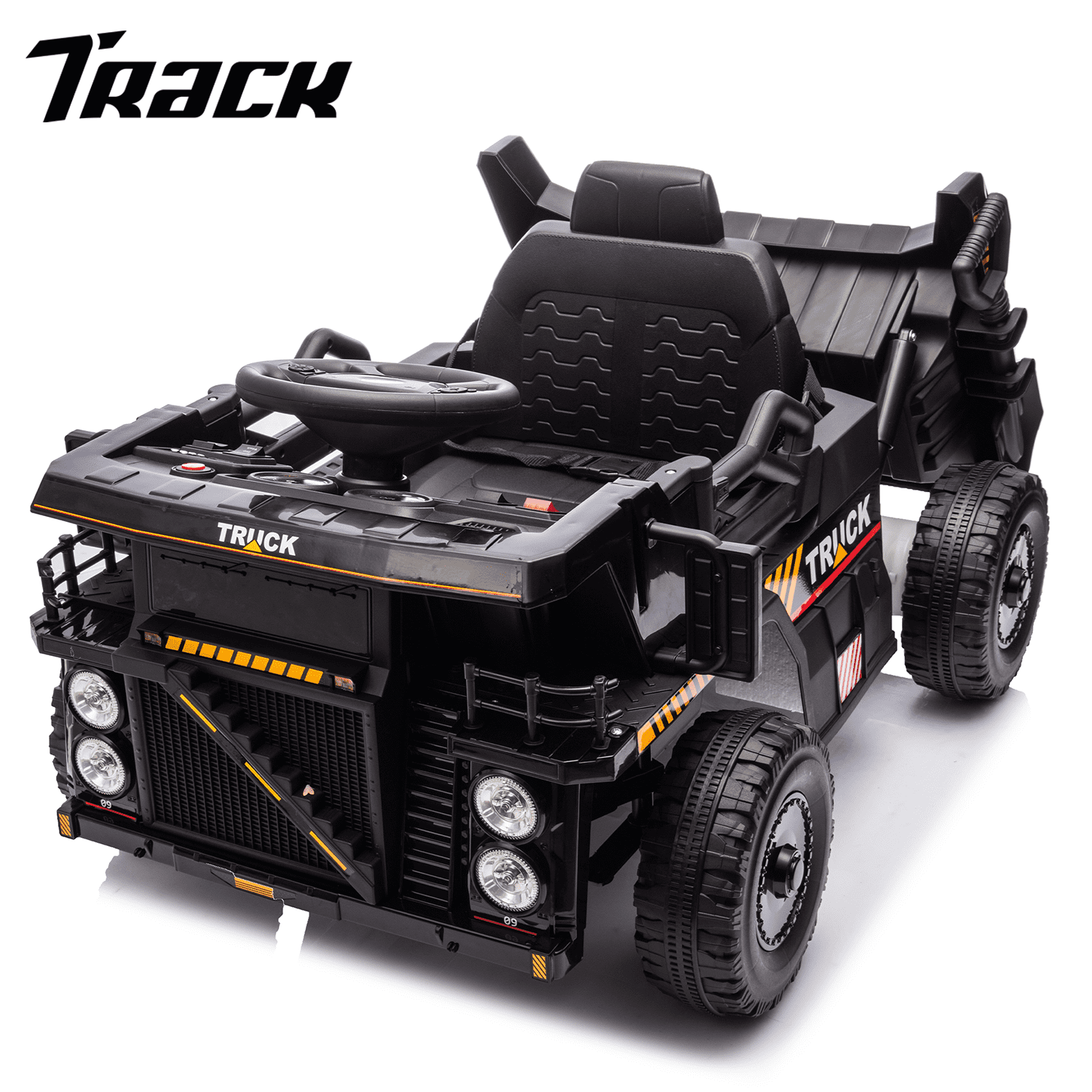 Track Seven 12V Electric Ride-On Dump Truck, Parental Remote Control, 2WD Rear-Wheel Suspension, Electric Dump Bed & Bonus Shovel, Bluetooth Multimedia, Adjustable Volume & Speed, LED Lighting, Black