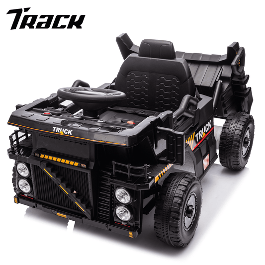 Track Seven 12V Electric Ride-On Dump Truck, Parental Remote Control, 2WD Rear-Wheel Suspension, Electric Dump Bed & Bonus Shovel, Bluetooth Multimedia, Adjustable Volume & Speed, LED Lighting, Black