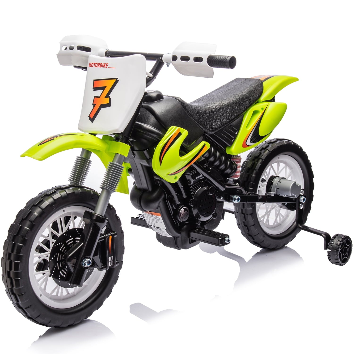 Track Seven 12V Electric Ride On Motorcycle, Kids Motorcycle with Removable Training Wheels, Twist Grip Throttle, Rear Suspension, Music, Electric Dirt Bike for Boys Girls Age 3+, Green