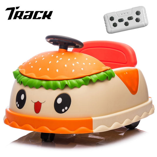 Track Seven 12V Kids Bumper Car, Kids Ride On Toy with Hamburger Design, Rear Storage, 360° Spin, Remote Control, Music, LED Lights, Electric Bumper Car for Boys Girls Toddlers Ages 2-5, Yellow