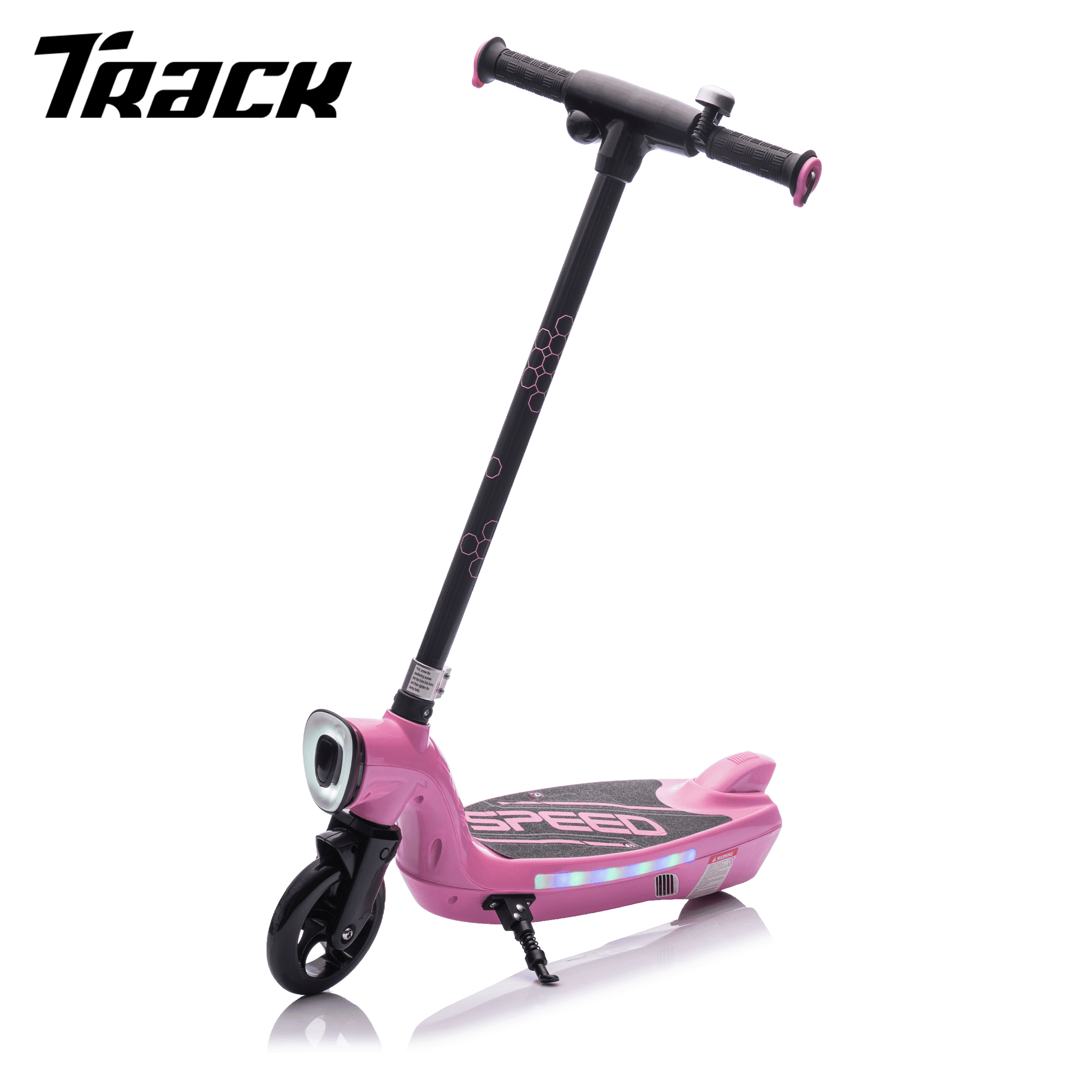Track 7 12V Kids Electric Ride on Scooter with Kickstand, Rear Brake, Scooter Bell Design, Colorful LED Lights, Wider Pedal & Non-Slip Handle, Speeds 5.59-6.84 MPH for Ages 6+, Red