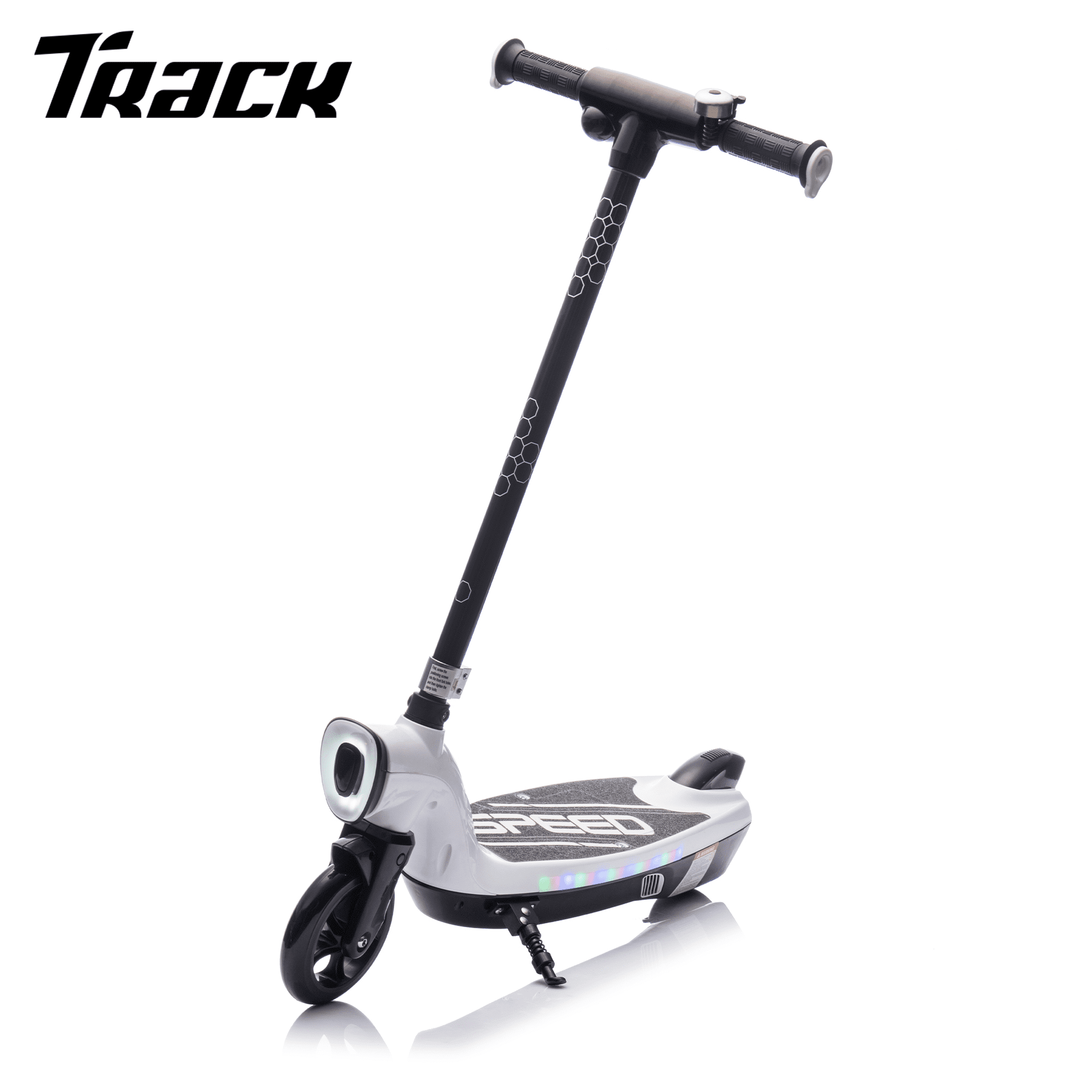 Track 7 12V Kids Electric Ride on Scooter with Kickstand, Rear Brake, Scooter Bell Design, Colorful LED Lights, Wider Pedal & Non-Slip Handle, Speeds 5.59-6.84 MPH for Ages 6+, Red