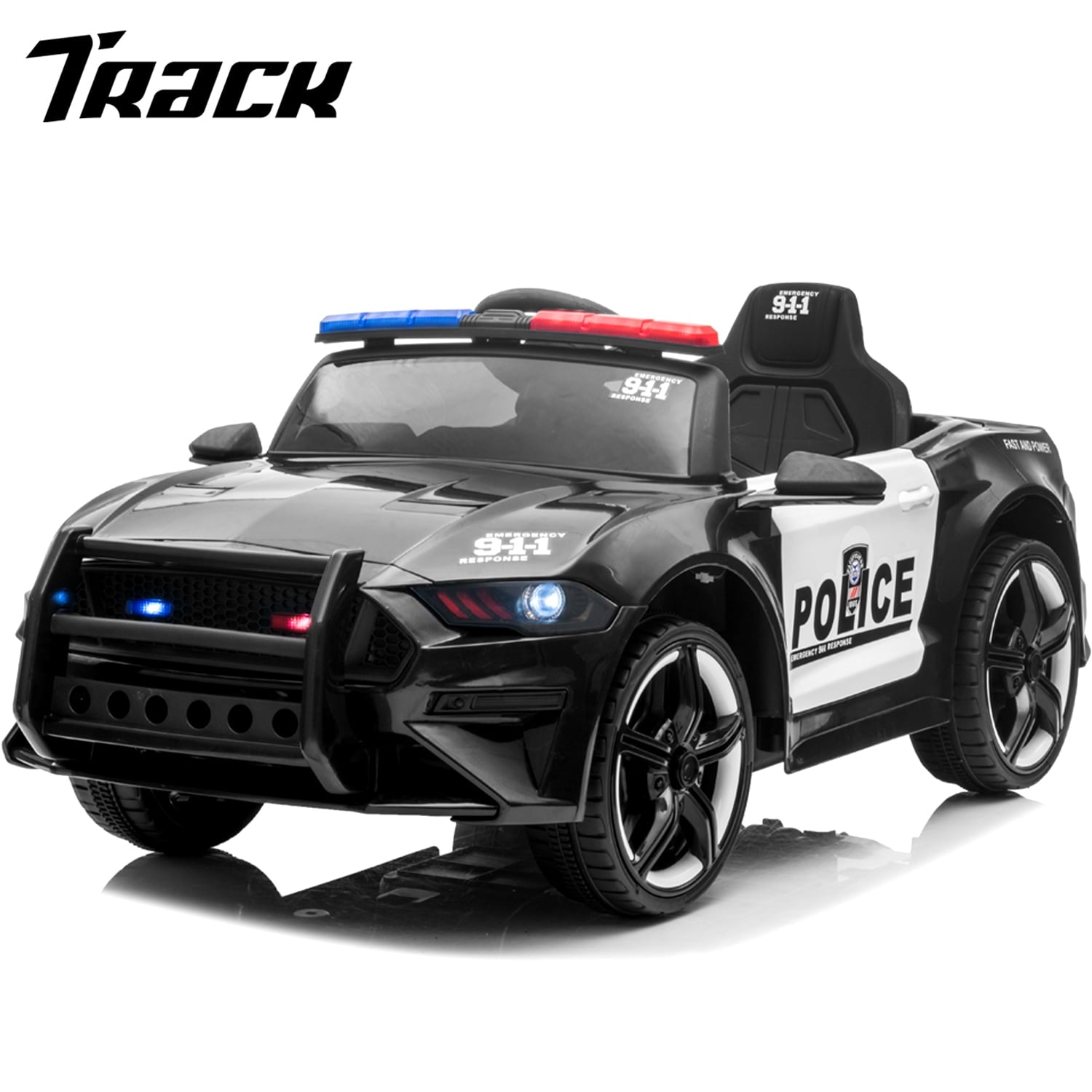 Track 7 12V Kids Police Sports Car, 2.4GHZ Remote Control, LED Lights, Siren, Microphone, Blue