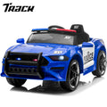 Track 7 12V Kids Police Sports Car, 2.4GHZ Remote Control, LED Lights, Siren, Microphone, Blue