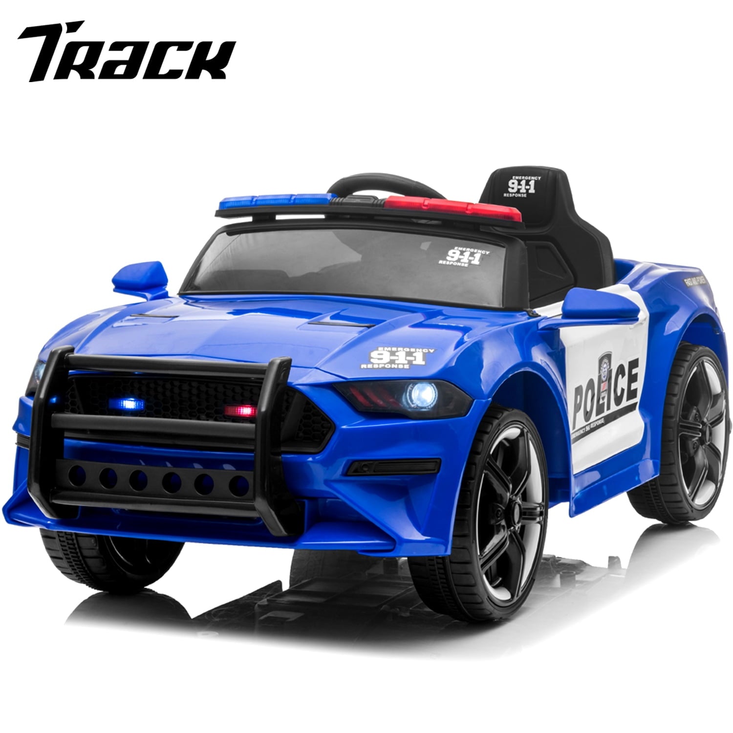 Track 7 12V Kids Police Sports Car, 2.4GHZ Remote Control, LED Lights, Siren, Microphone, Blue