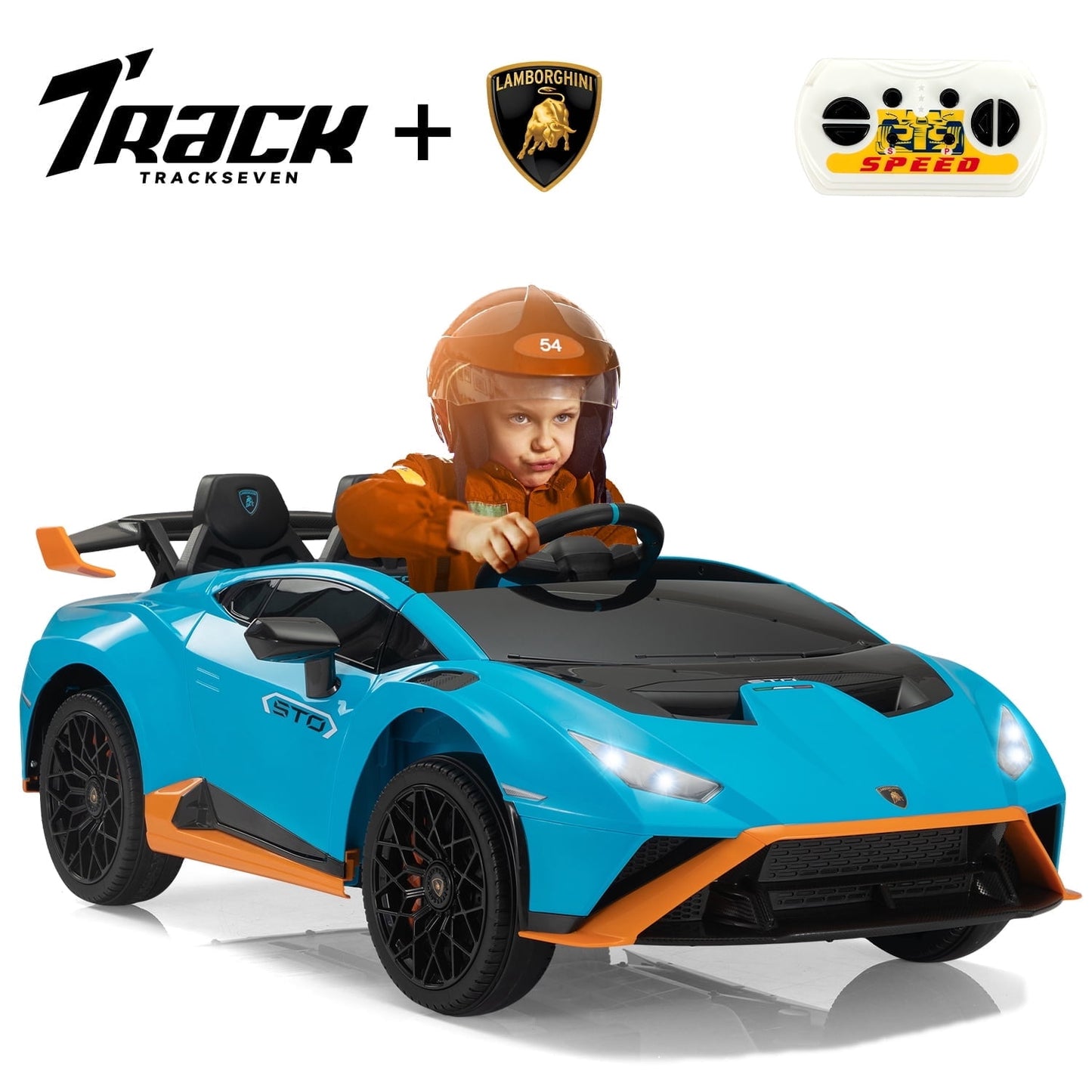 Track 7 12V Kids Ride on Car, Licensed Lamborghini STO Electric Car for Kids Age 3+, Remote Control, Music, Motorized Drift Electric Vehicle, Max Speed 5mph, Blue