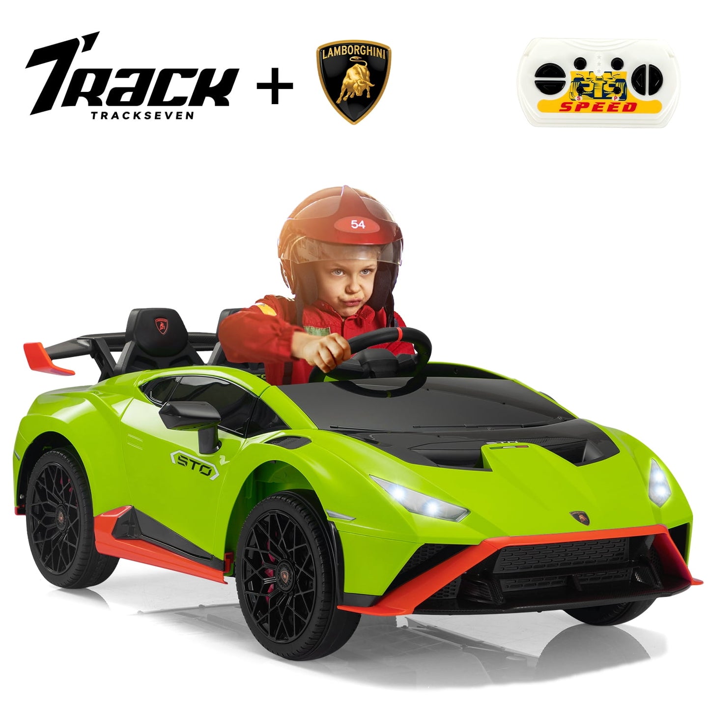 Track 7 12V Kids Ride on Car, Licensed Lamborghini STO Electric Car for Kids Age 3+, Remote Control, Music, Motorized Drift Electric Vehicle, Max Speed 5mph, Blue