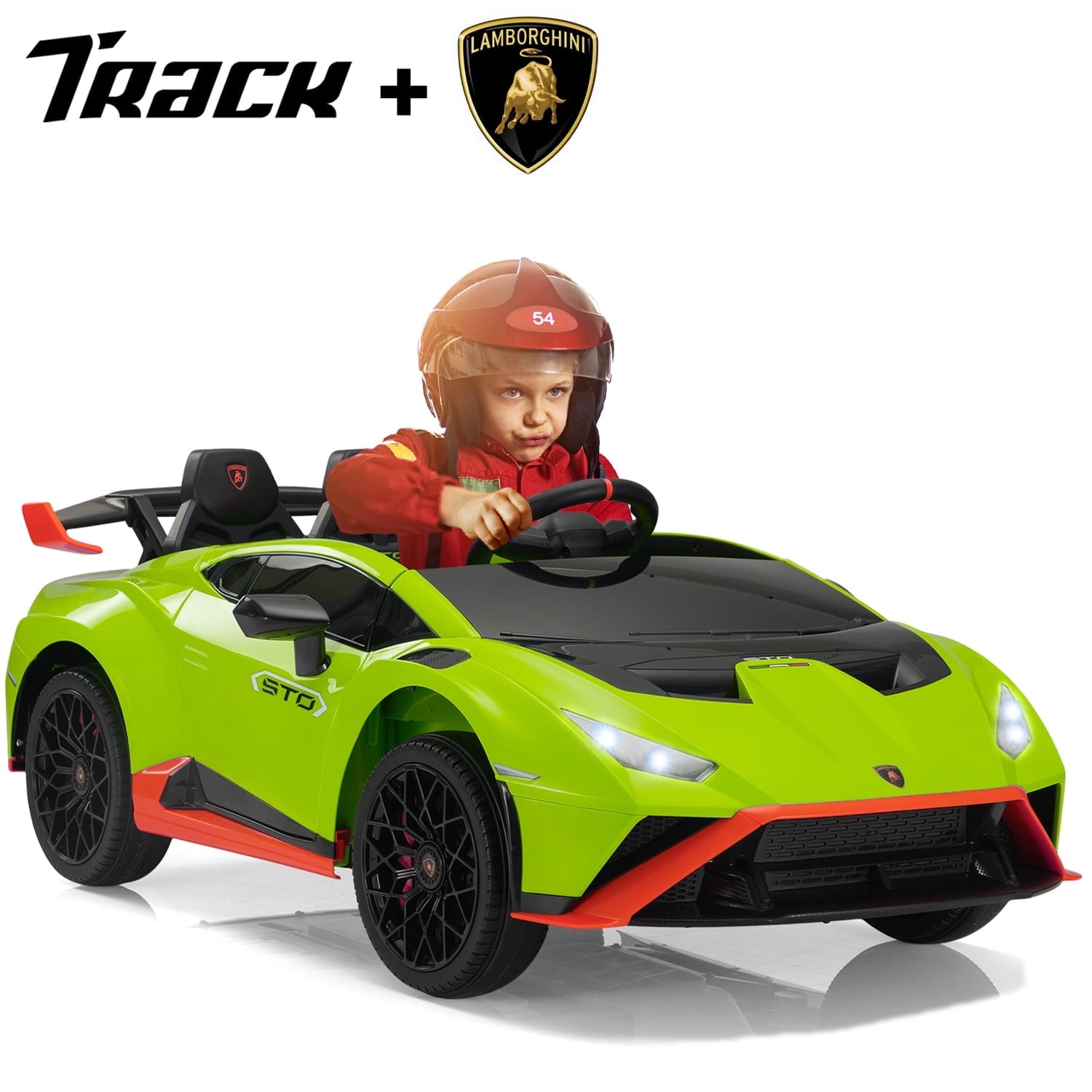 Track 7 12V Kids Ride on Car, Licensed Lamborghini STO Electric Car for Kids Age 3+, Remote Control, Music, Motorized Drift Electric Vehicle, Max Speed 5mph, Blue