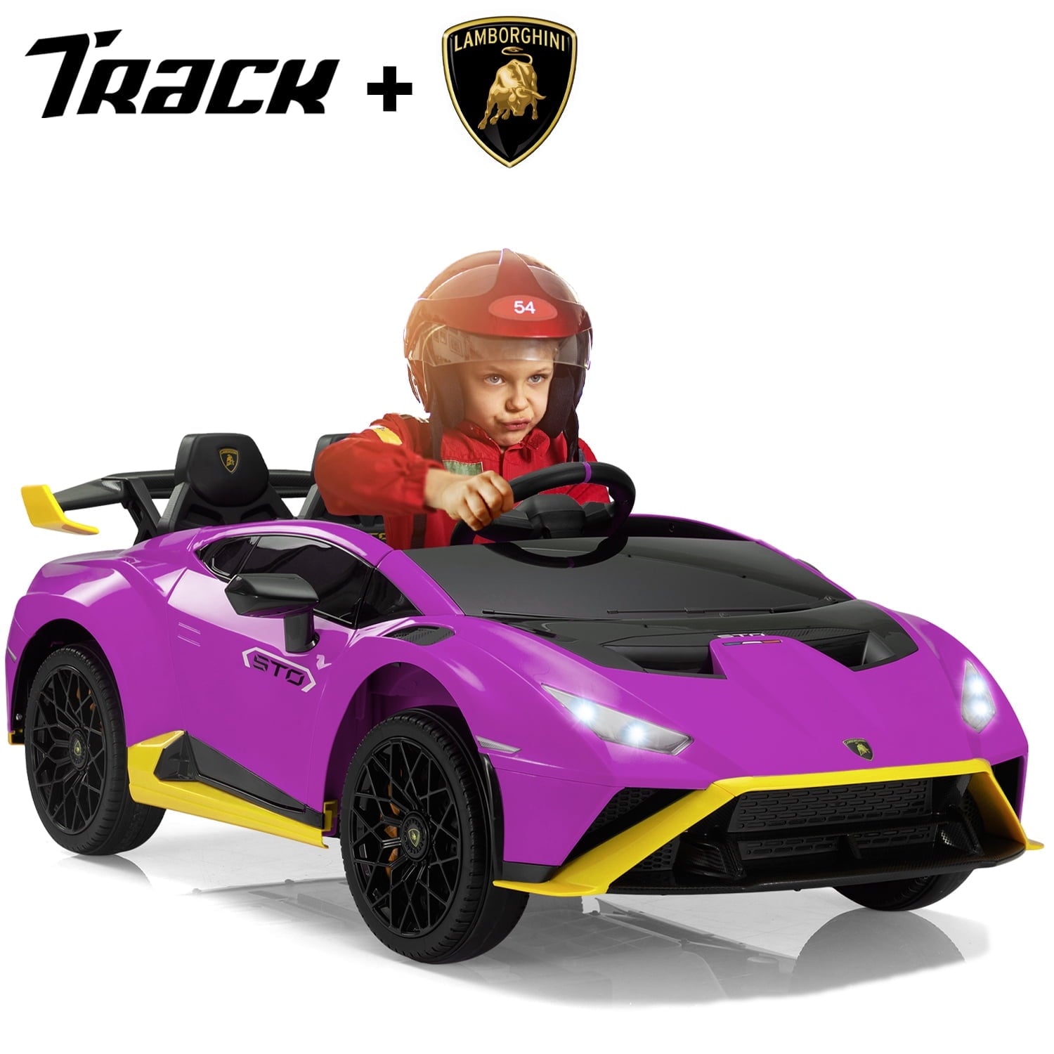 Track 7 12V Kids Ride on Car, Licensed Lamborghini STO Electric Car for Kids Age 3+, Remote Control, Music, Motorized Drift Electric Vehicle, Max Speed 5mph, Blue