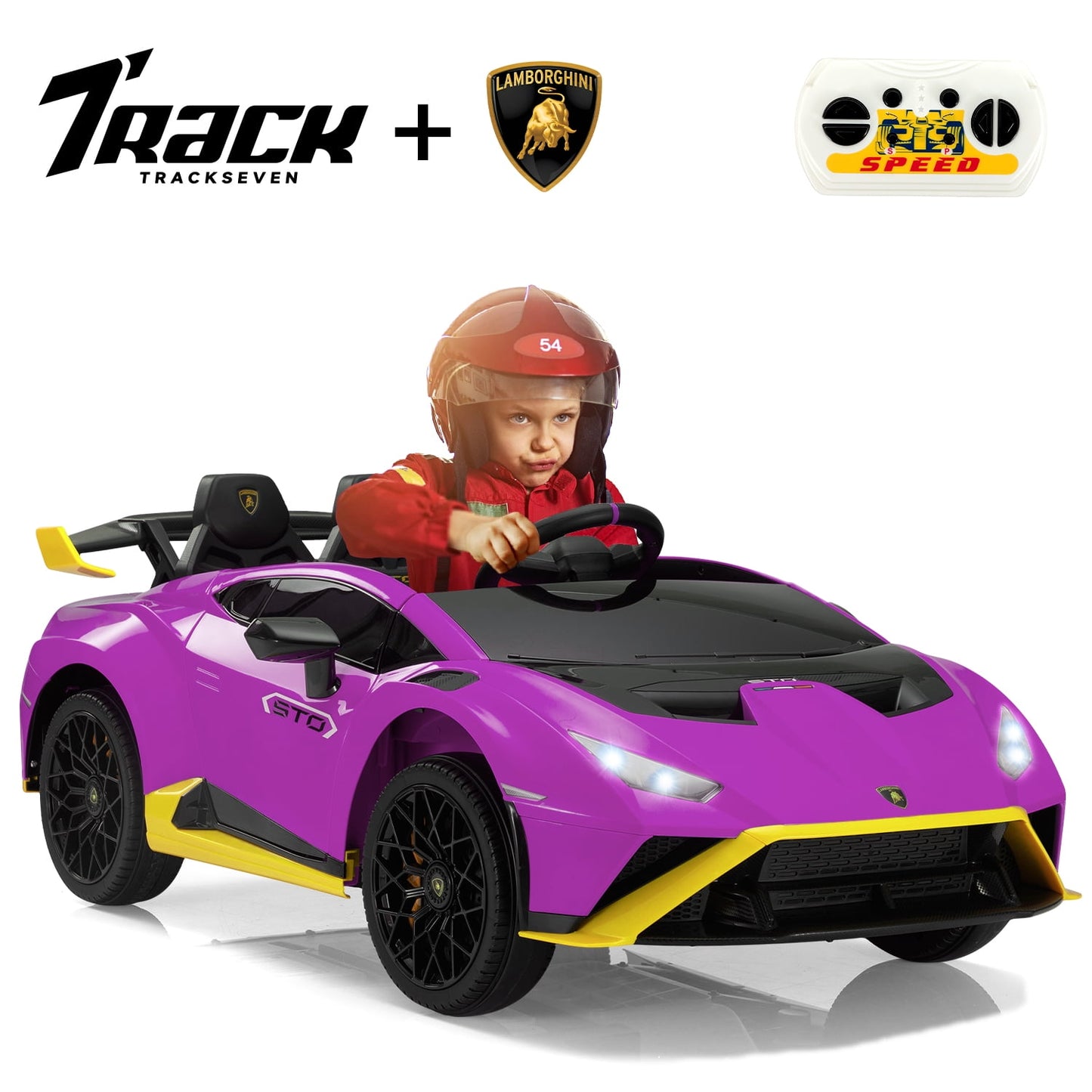 Track 7 12V Kids Ride on Car, Licensed Lamborghini STO Electric Car for Kids Age 3+, Remote Control, Music, Motorized Drift Electric Vehicle, Max Speed 5mph, Blue