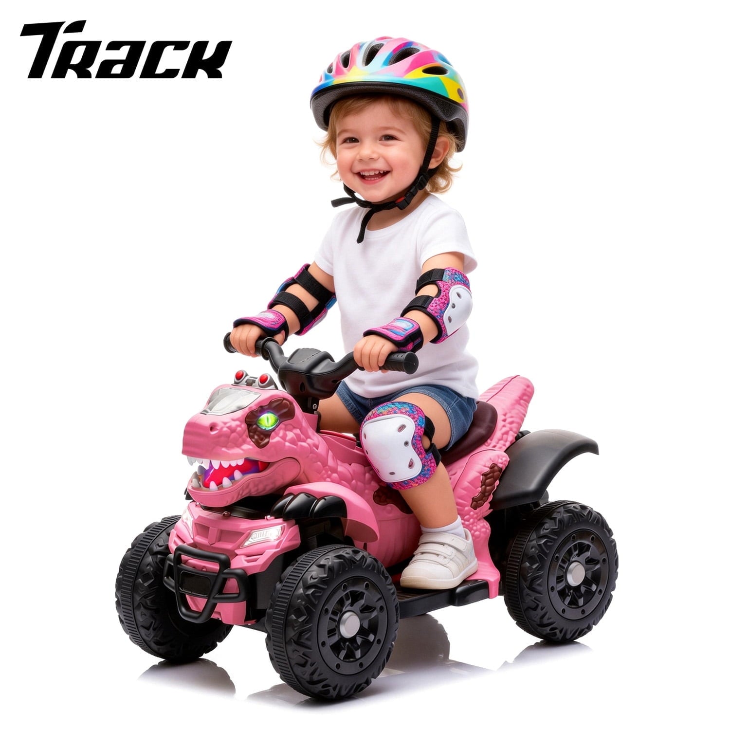 Track Seven 12V Electric Ride-On ATV, Dinosaur Four Wheeler Electric Car with Bluetooth, LED Lights, Music, Electric Quad Ride-On Toy Car for Toddlers Boys Girls Age 2+
