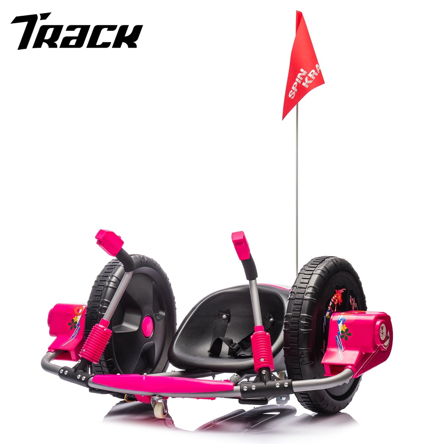 Track 7 12V Kids Ride On Car, 16" Exaggerated Wheel Electric Go Kart, Dual Handle Control, 360 Degree Steering Rotation, Max Speed 4.66 mph, DIY Stickers, Electric Car for Boys Girls Age 6+, Pink