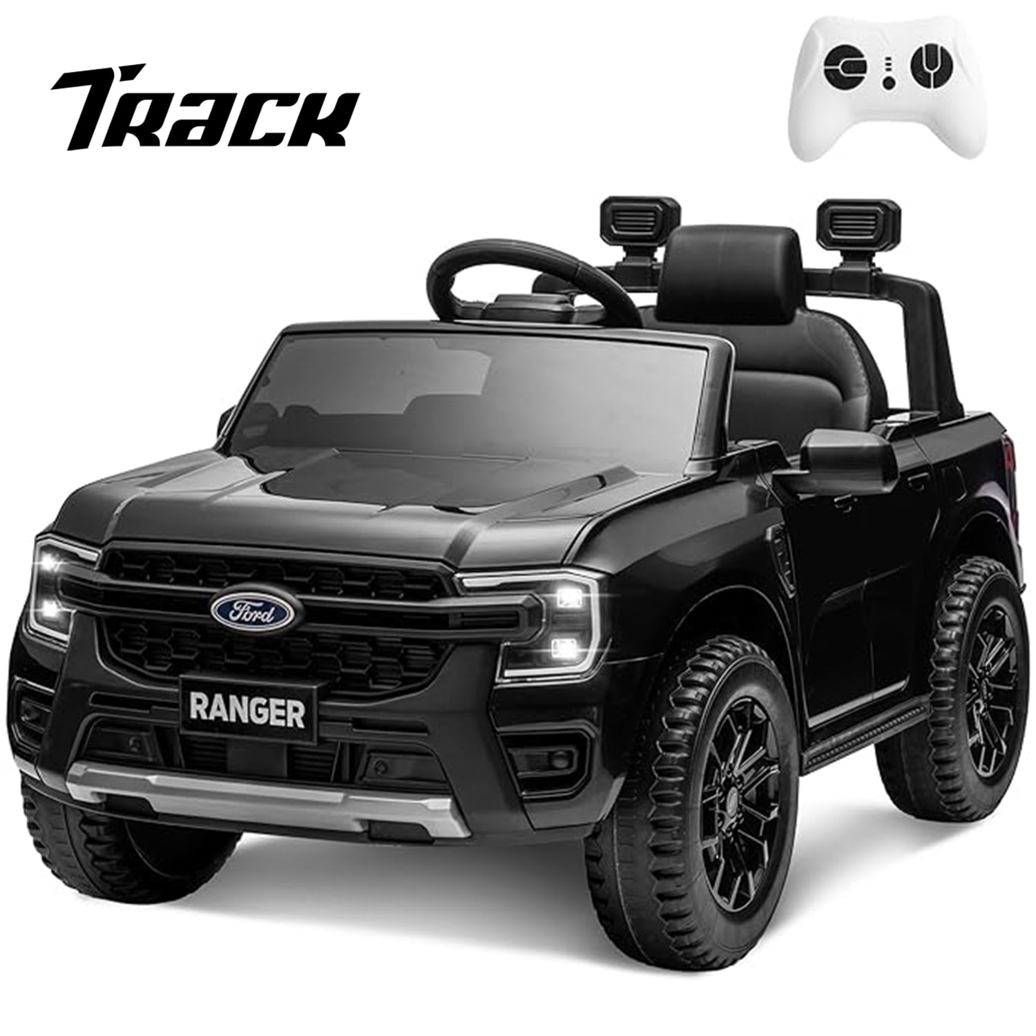 Track 7 12V Kids Ride on Pickup Truck, Licensed Ford Ranger, Electric Vehicle Ride on Toy Car with Remote Control, Music Player, LED Lights, Bluetooth, Soft Start, Gift for Kids Ages 3-6, Black