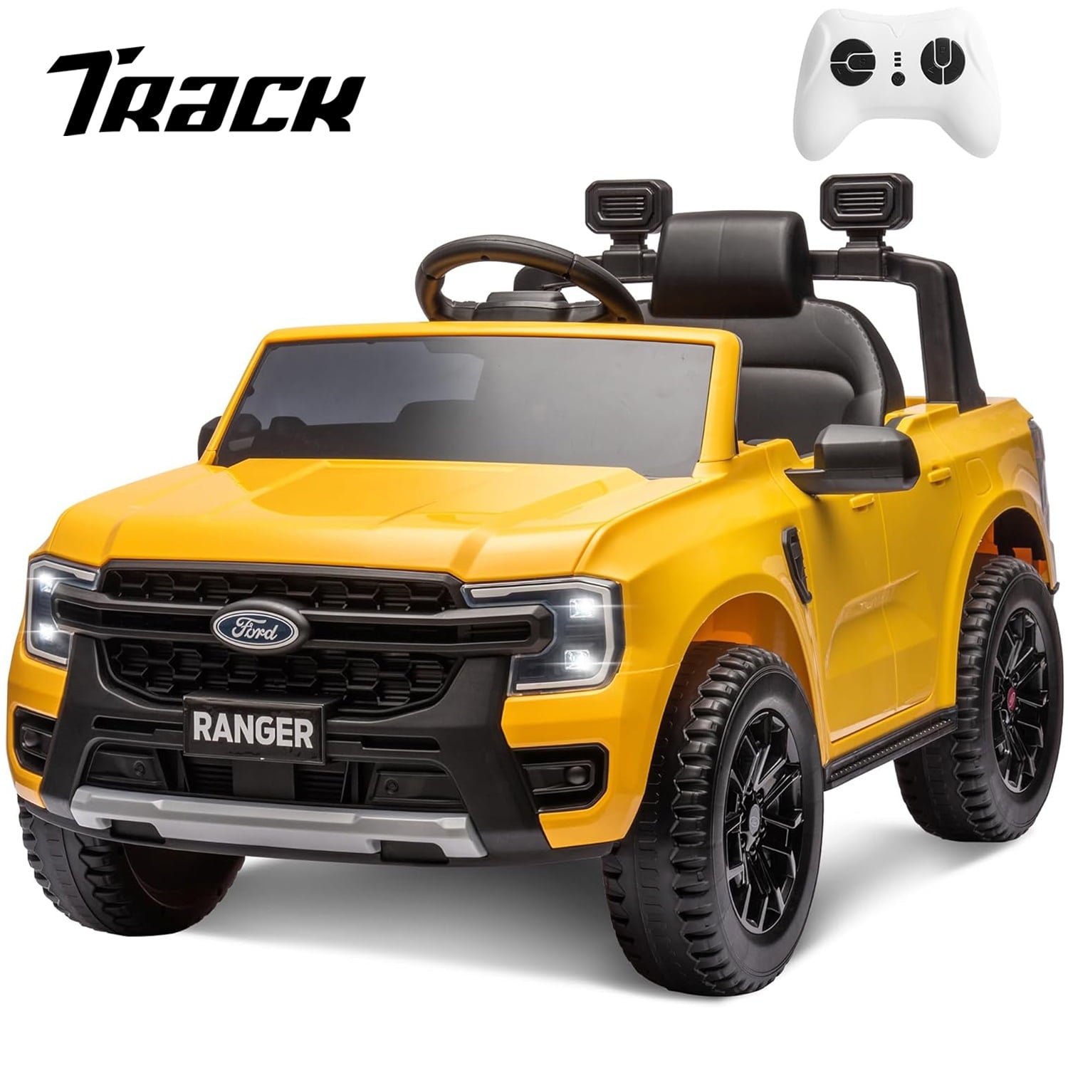 Track 7 12V Kids Ride on Pickup Truck, Licensed Ford Ranger Ride on Car with Remote Control, Music Player, LED Lights, Bluetooth, Soft Start, Electric Car for Kids Ages 3-6, White