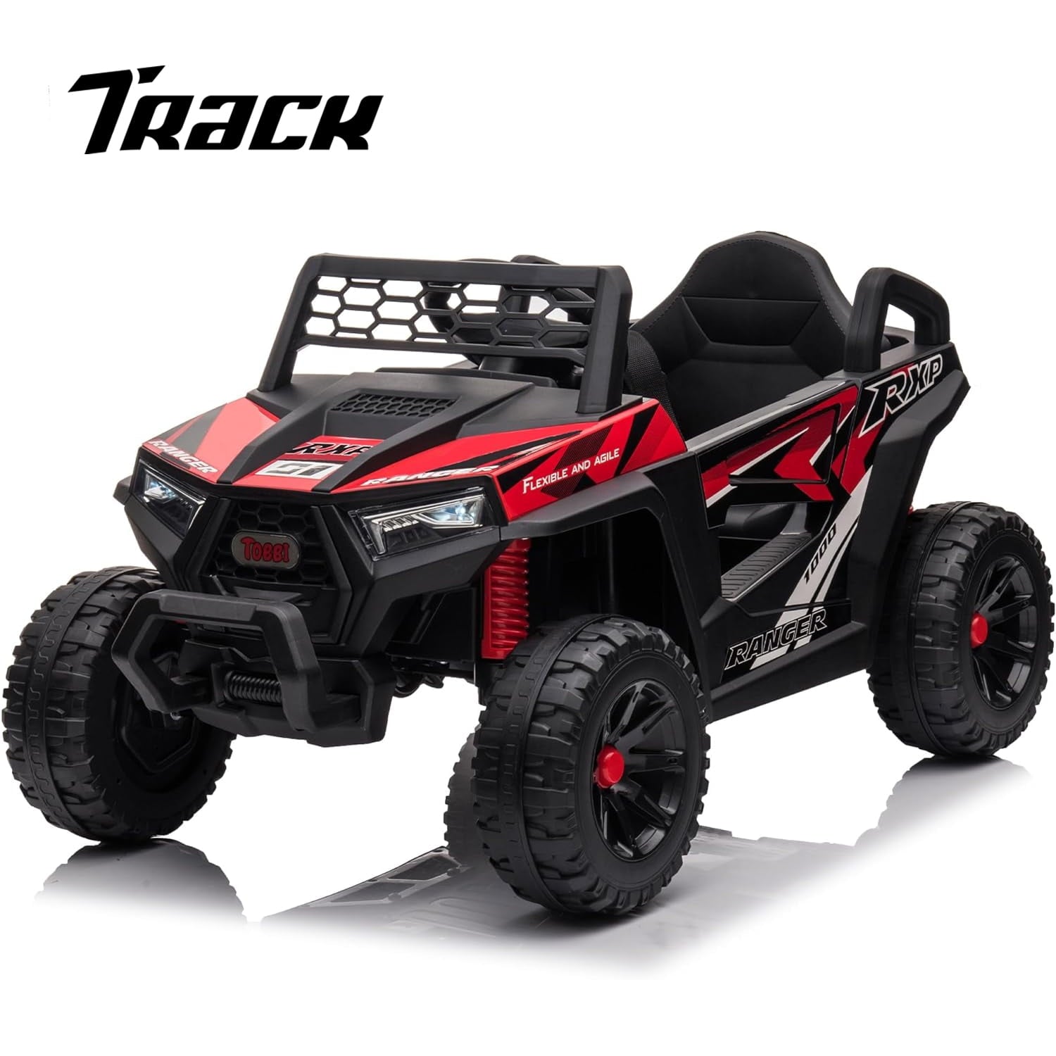 Track 7 12V Kids Ride on Truck, Electric Off-Road UTV Truck with Forward and Reverse Functions, Double Open Doors, Safety Belt, Music and Lights for Kids Aged 3-6 Years, 5 Mph Max Speed, Green