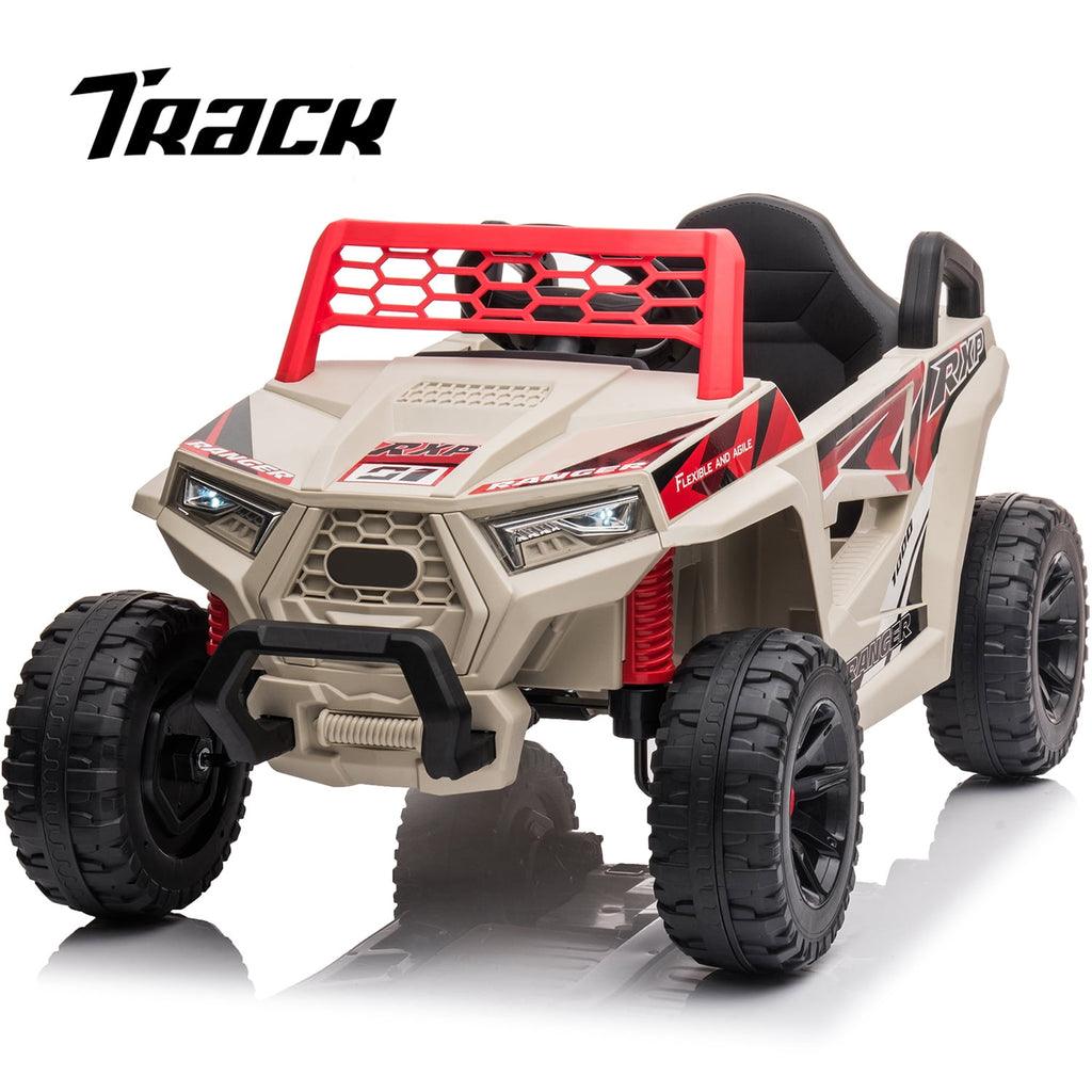 Track 7 12V Kids Ride on Truck, Electric Off-Road UTV Truck with Forward and Reverse Functions, Double Open Doors, Safety Belt, Music and Lights for Kids Aged 3-6 Years, 5 Mph Max Speed, Brown