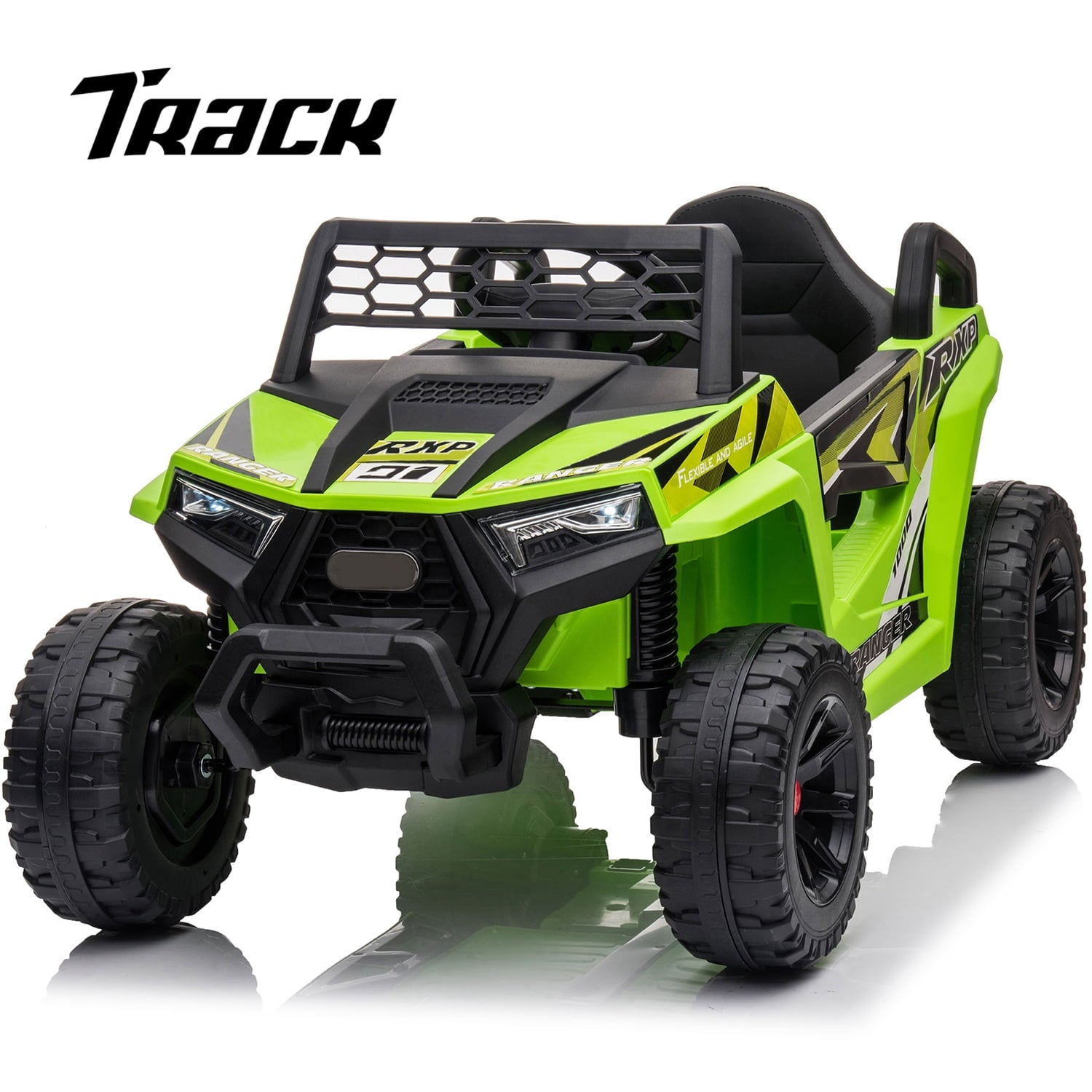 Track 7 12V Kids Ride on Truck, Electric Off-Road UTV Truck with Forward and Reverse Functions, Double Open Doors, Safety Belt, Music and Lights for Kids Aged 3-6 Years, 5 Mph Max Speed, Brown