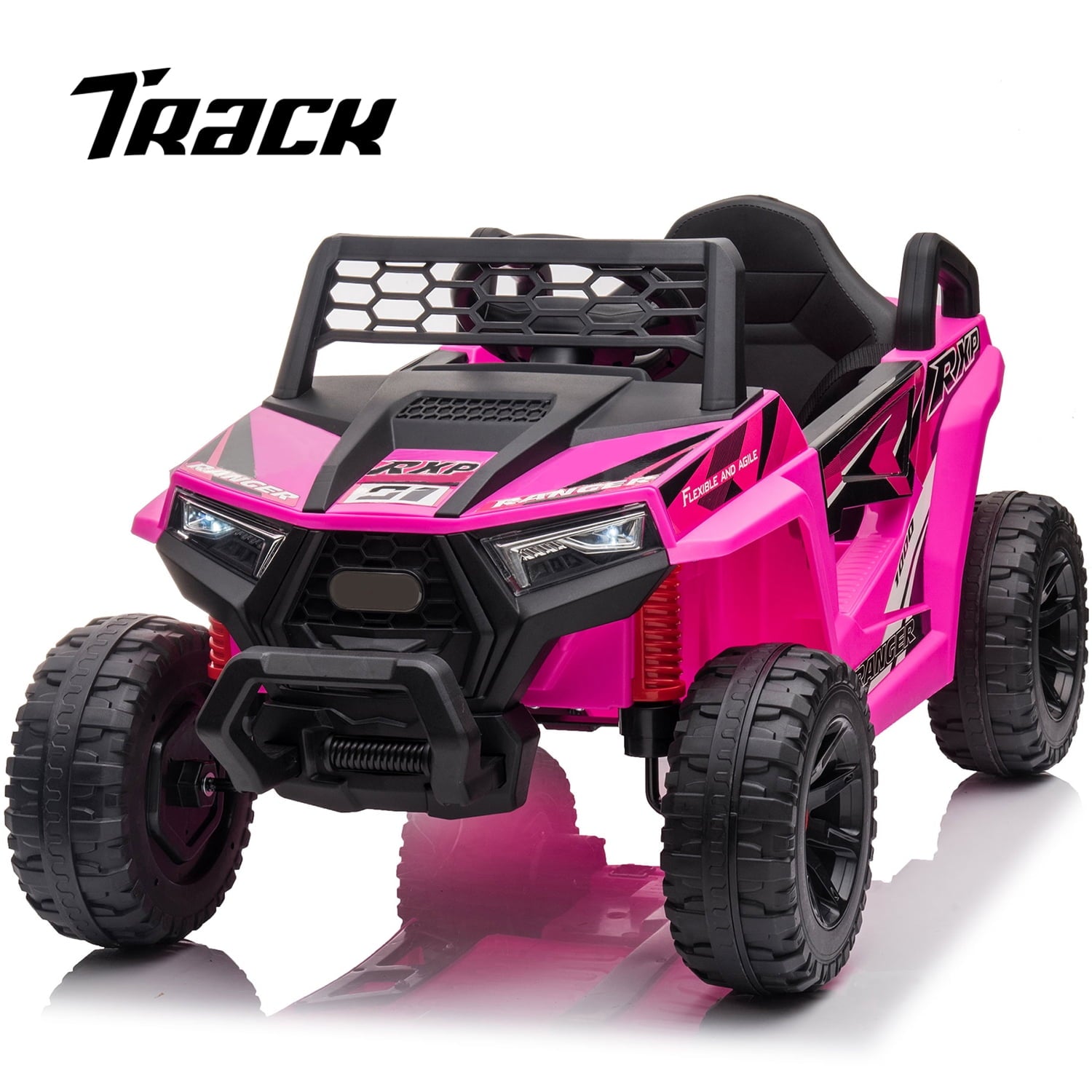 Track 7 12V Kids Ride on Truck, Electric Off-Road UTV Truck with Forward and Reverse Functions, Double Open Doors, Safety Belt, Music and Lights for Kids Aged 3-6 Years, 5 Mph Max Speed, Brown