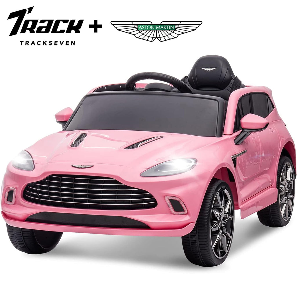 Track 7 12V Kids Ride on Car, Licensed Aston Martin Electric Car for Boys Girls Age 3+, Remote Control, Music, USB, Portable Handle, Pink