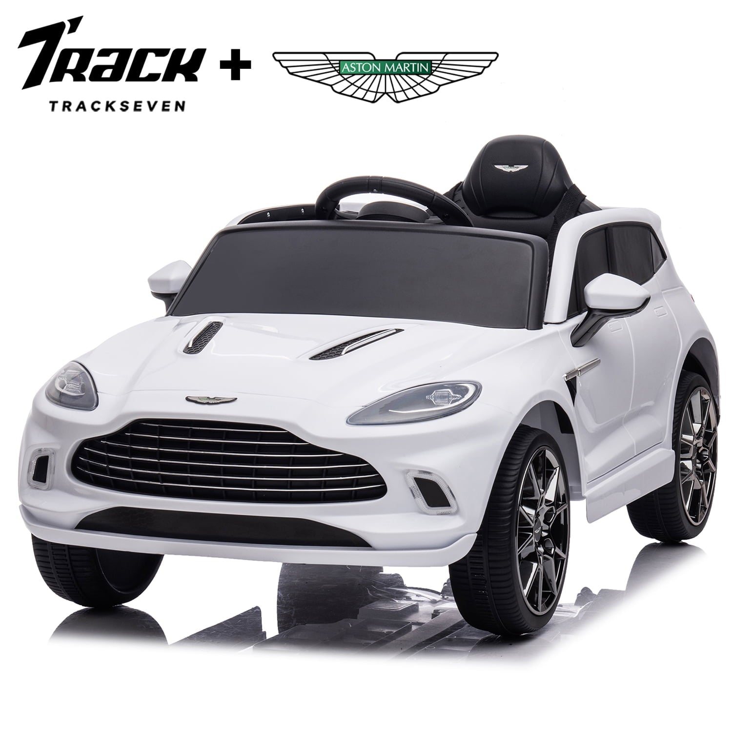 Track Seven 12V Kids Ride on Car, Licensed Aston Martin Electric Car for Boys Girls Age 3+, Remote Control, Music, USB, Portable Handle, White