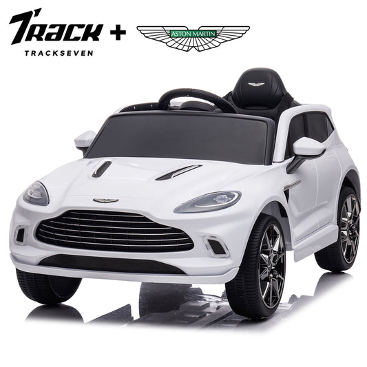 Track Seven 12V Kids Ride on Car, Licensed Aston Martin Electric Car for Boys Girls Age 3+, Remote Control, Music, USB, Portable Handle, White