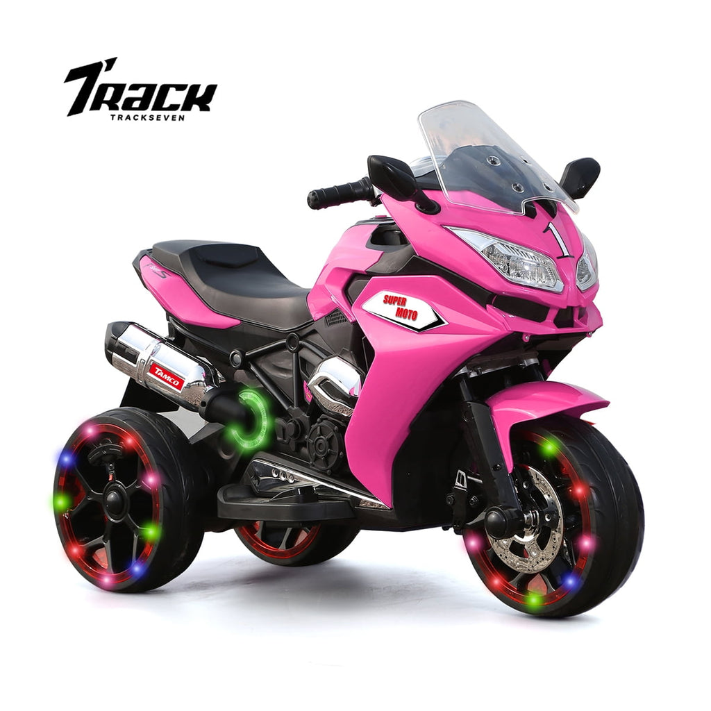 Track 7 12V Kids Ride on Motorcycle, 3 Wheels Electric Trike Motorcycle for Boys and Girls, Light Wheels, Music, Headlights, Pink