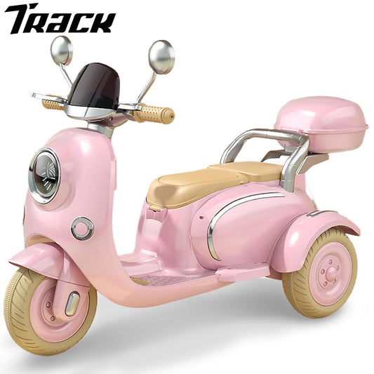 Track Seven 12V Kids Ride on Motorcycle, 3 Wheels Powered Motorbike for Kids Ride with Mp3, Bluetooth, Headlight, Storage Box for Kids Aged 3+, Pink