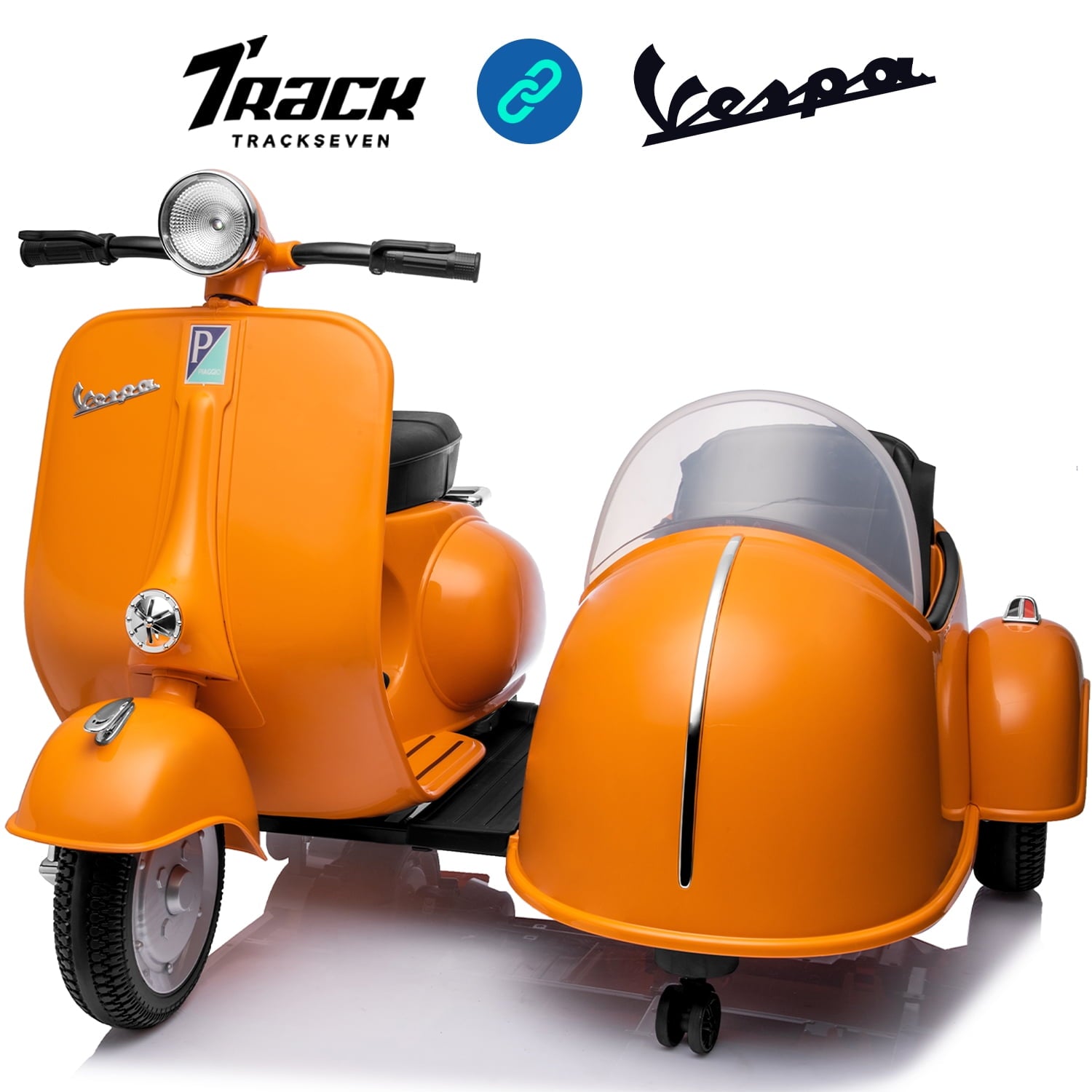 Track Seven 12V Licensed Vespa Ride on Motorcycle with Side Car, 2-Seater Electric Car for Kids Age 3+, Music, Max Speed 4.8mph, Orange