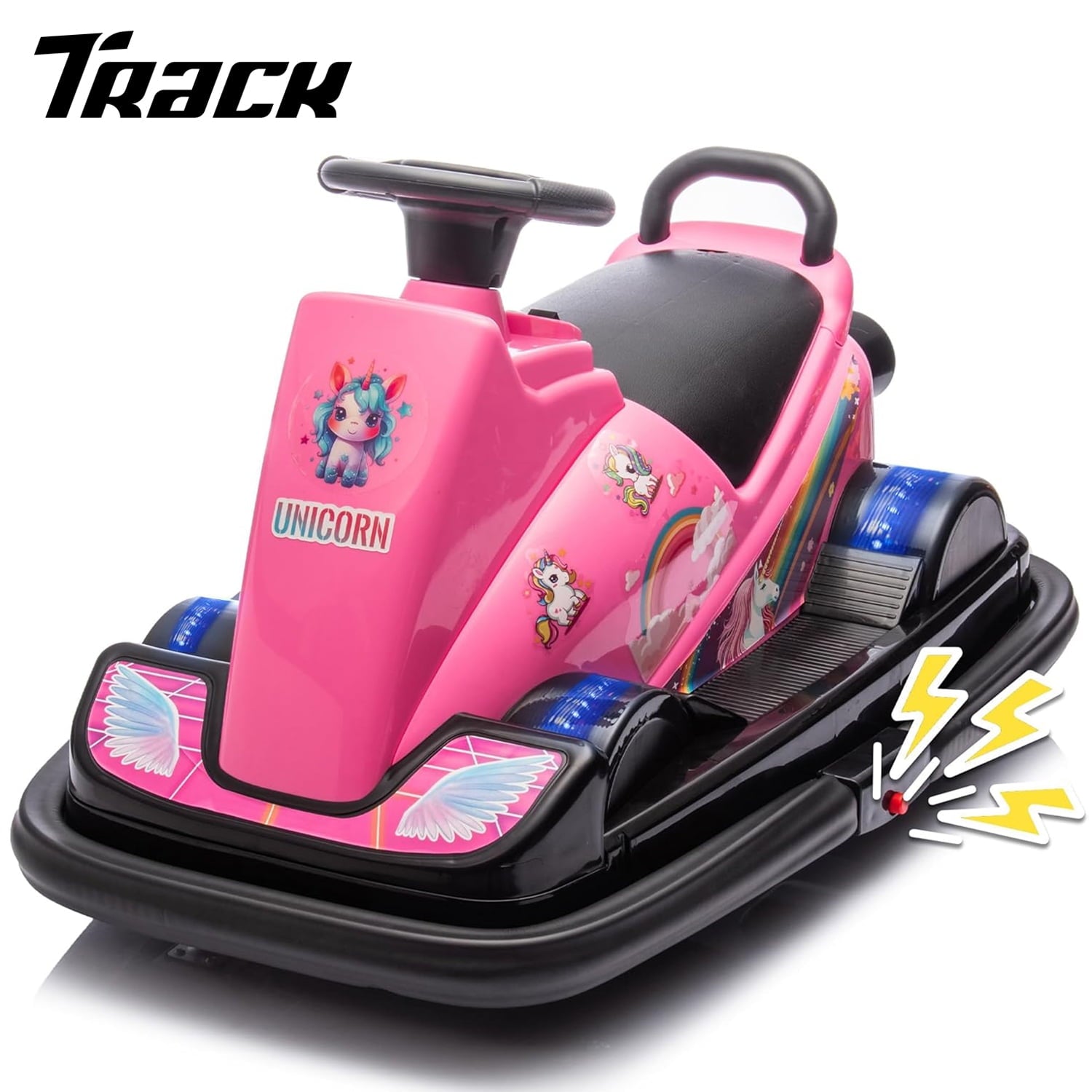Track 7 12V Ride on Bumper Car, Kids Electric Car with Horn, Music, Four-Wheel LED Waterfall Lights, 360 Degree Spin and DIY Sticker, Bumper Car for Kids & Toddlers 2-5 Years, Pink