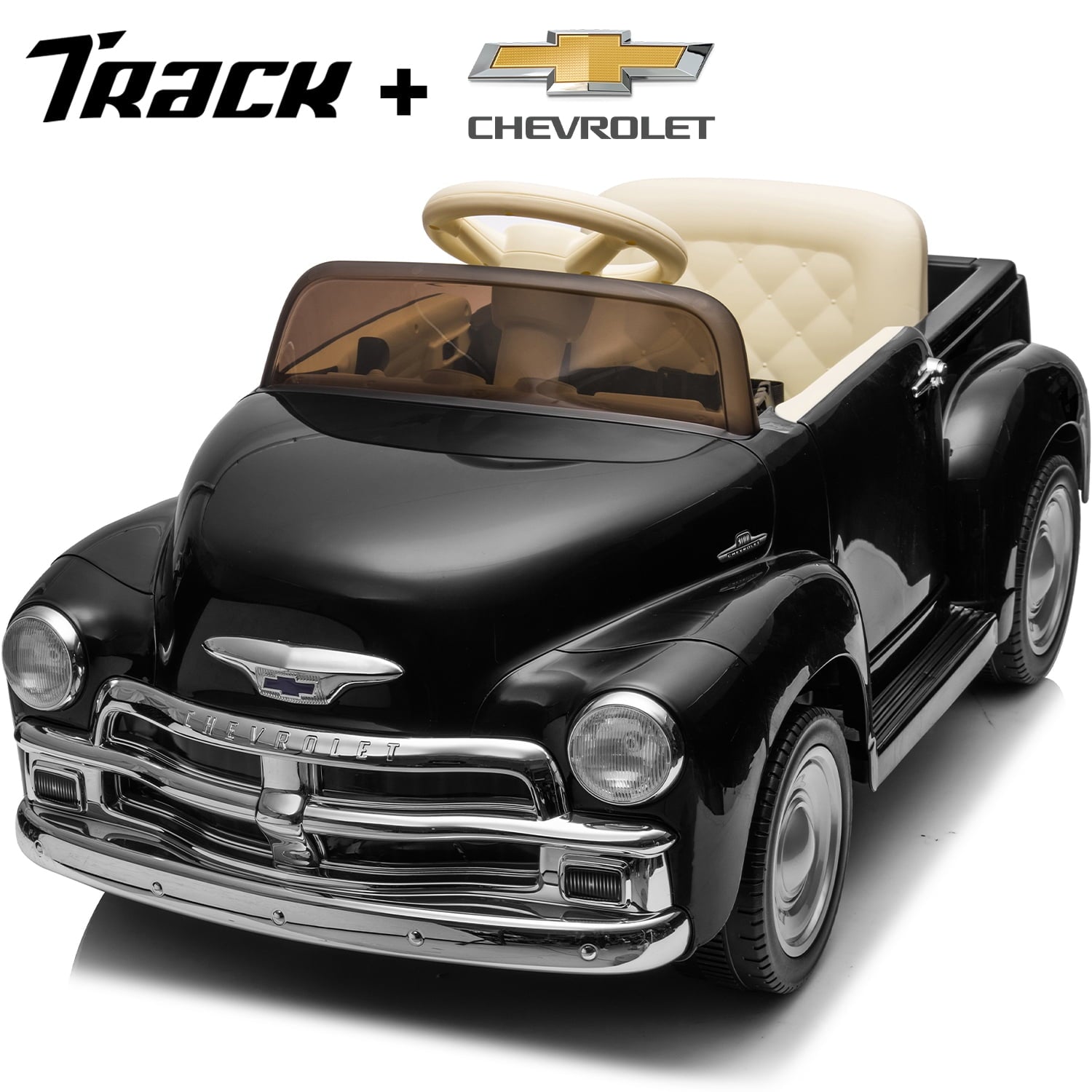 Track 7 12V Ride on Car, Licensed Chevrolet 3100 Pickup Electric Car for Boys Girls, LED Lights, Bluetooth, USB, Storage Space, Remote Control, Ride on Toy Vehicle, Red