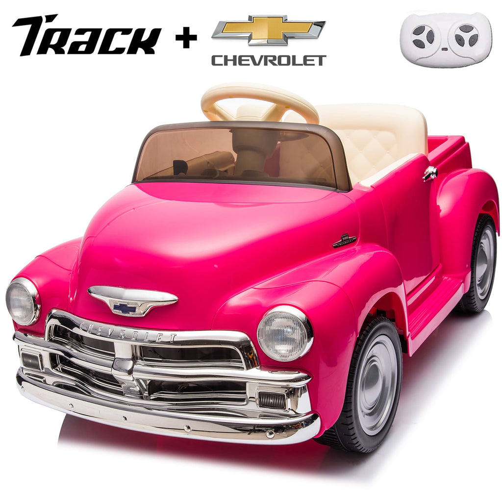 Track 7 12V Ride on Car, Licensed Chevrolet 3100 Pickup Electric Car for Boys Girls, LED Lights, Bluetooth, USB, Storage Space, Remote Control, Ride on Toy Vehicle, Pink