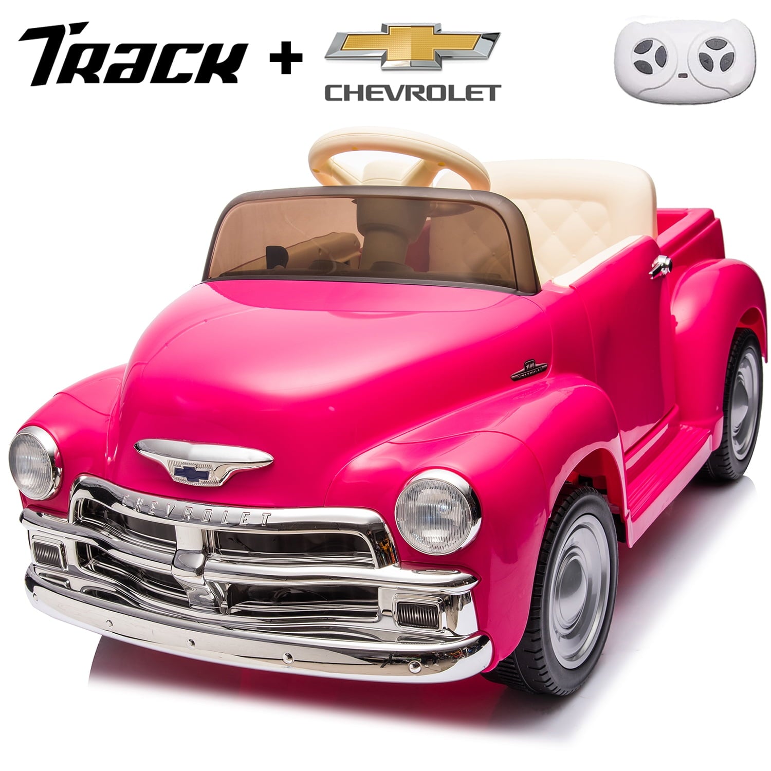 Track 7 12V Ride on Car, Licensed Chevrolet 3100 Pickup Electric Car for Boys Girls, LED Lights, Bluetooth, USB, Storage Space, Remote Control, Ride on Toy Vehicle, Pink