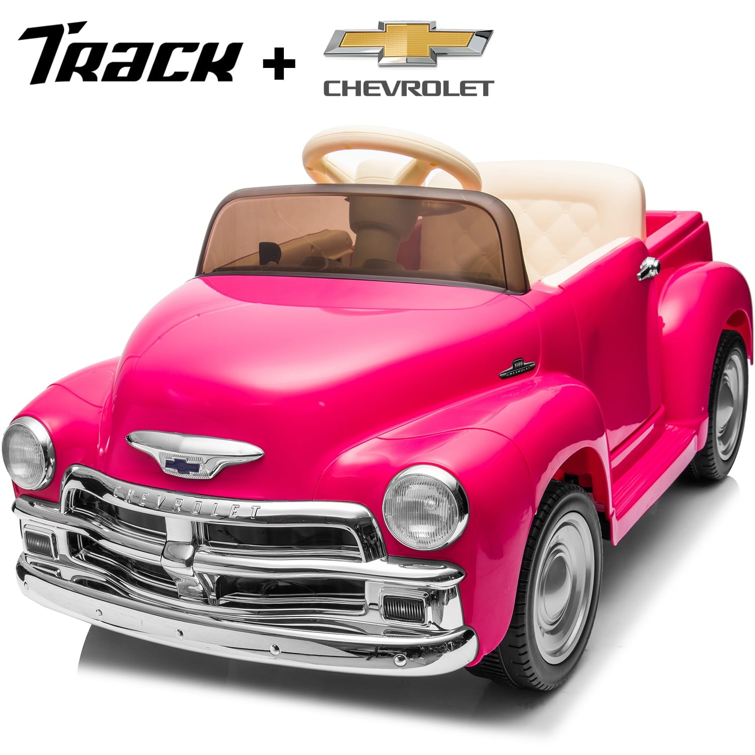 Track 7 12V Ride on Car, Licensed Chevrolet 3100 Pickup Electric Car for Boys Girls, LED Lights, Bluetooth, USB, Storage Space, Remote Control, Ride on Toy Vehicle, Purple