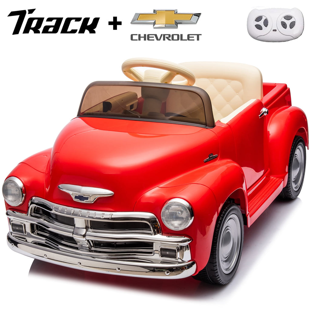 Track 7 12V Ride on Car, Licensed Chevrolet 3100 Pickup Electric Car for Boys Girls, LED Lights, Bluetooth, USB, Storage Space, Remote Control, Ride on Toy Vehicle, Red