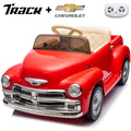 Track 7 12V Ride on Car, Licensed Chevrolet 3100 Pickup Electric Car for Boys Girls, LED Lights, Bluetooth, USB, Storage Space, Remote Control, Ride on Toy Vehicle, Red