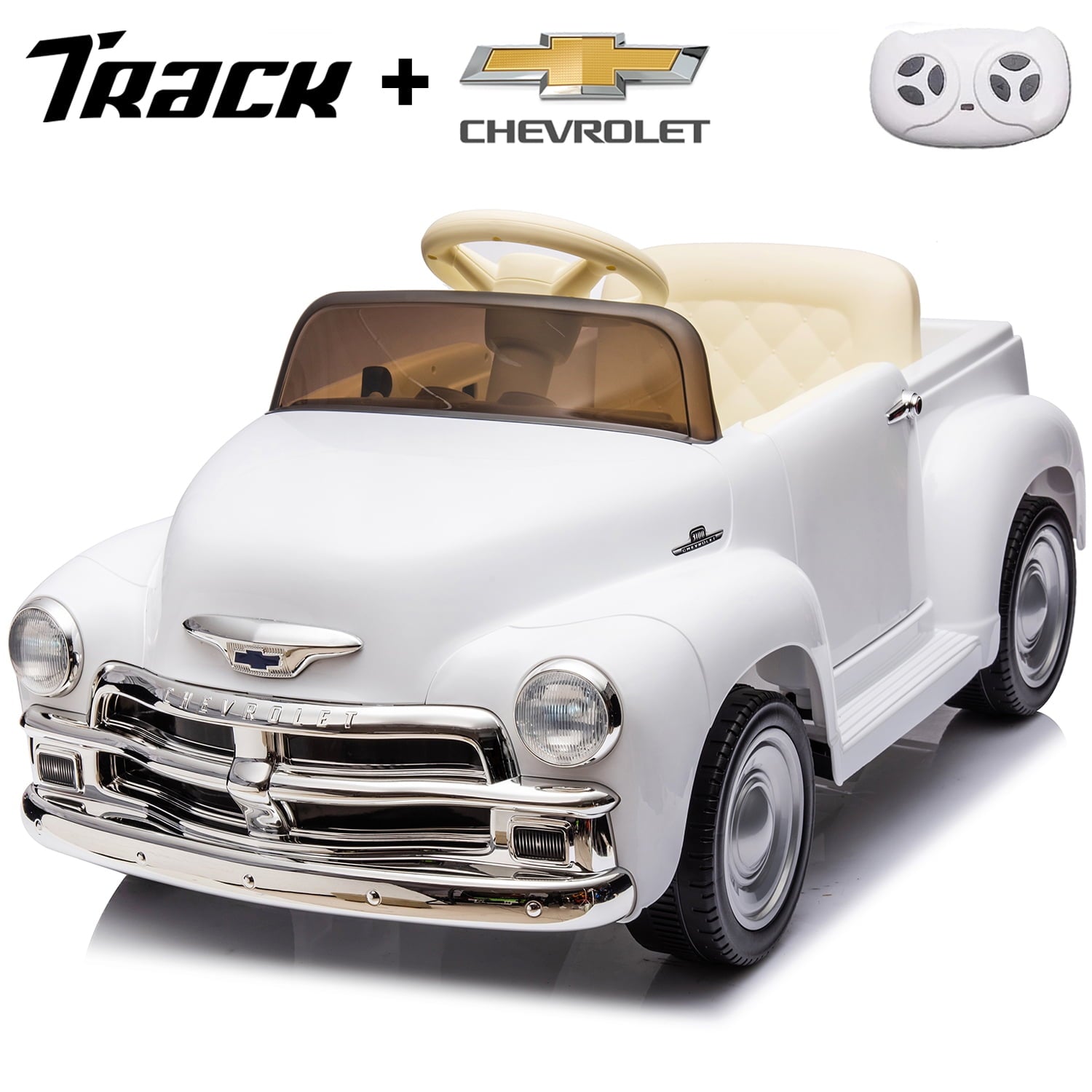 Track 7 12V Ride on Car, Licensed Chevrolet 3100 Pickup Electric Car for Boys Girls, LED Lights, Bluetooth, USB, Storage Space, Remote Control, Ride on Toy Vehicle, Pink