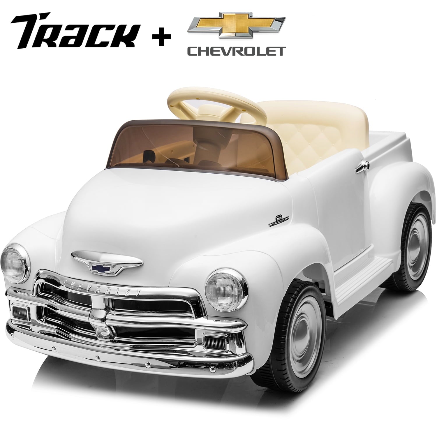 Track 7 12V Ride on Car, Licensed Chevrolet 3100 Pickup Electric Car for Boys Girls, LED Lights, Bluetooth, USB, Storage Space, Remote Control, Ride on Toy Vehicle, Purple