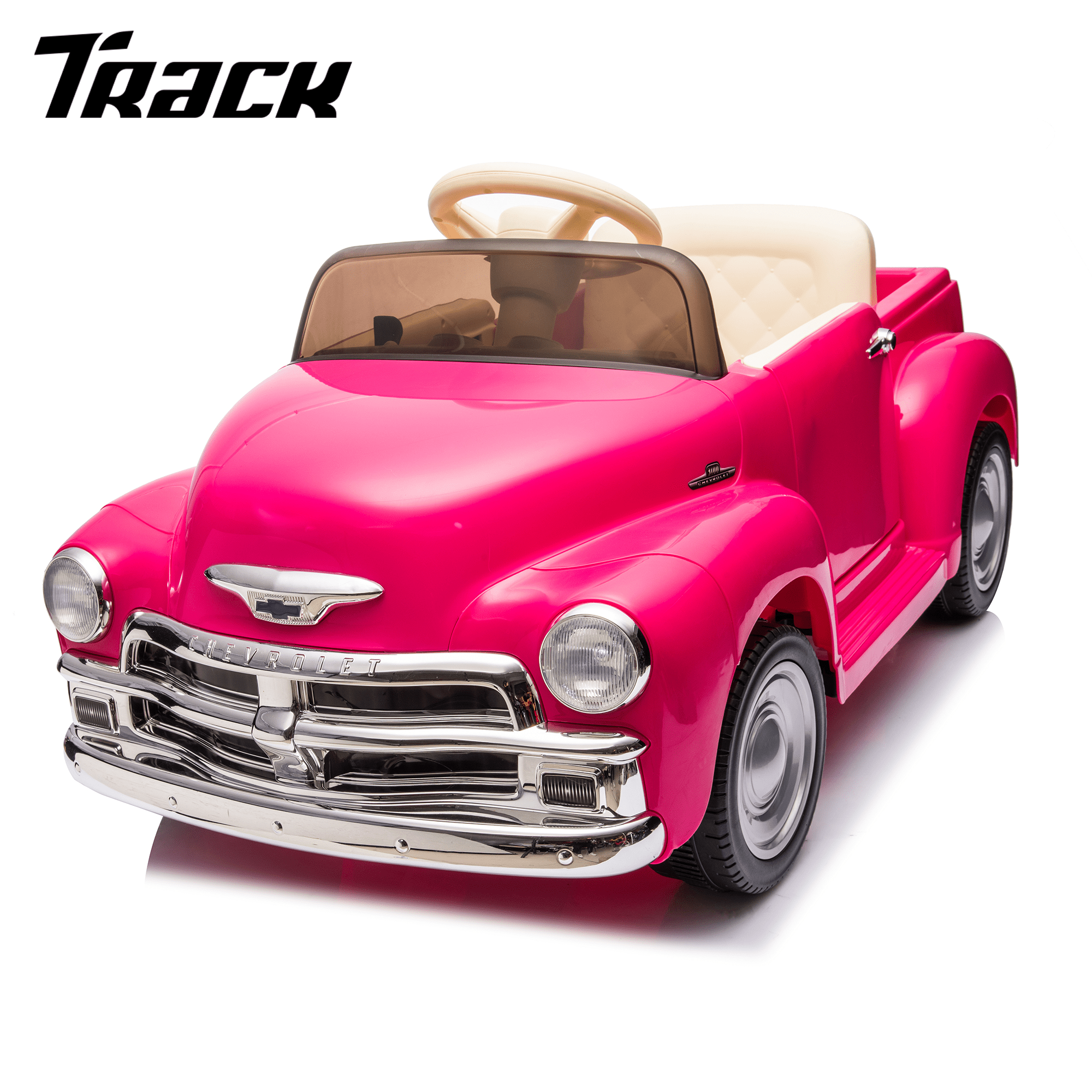 Track 7 12V Ride on Car, Licensed Chevrolet 3100 Pickup Electric Car, Remote Control, Vintage Style, 3 Speeds (Up to 3.11 MPH), LED Lights, Bluetooth, USB, Storage Spac for Ages 3+, Purple