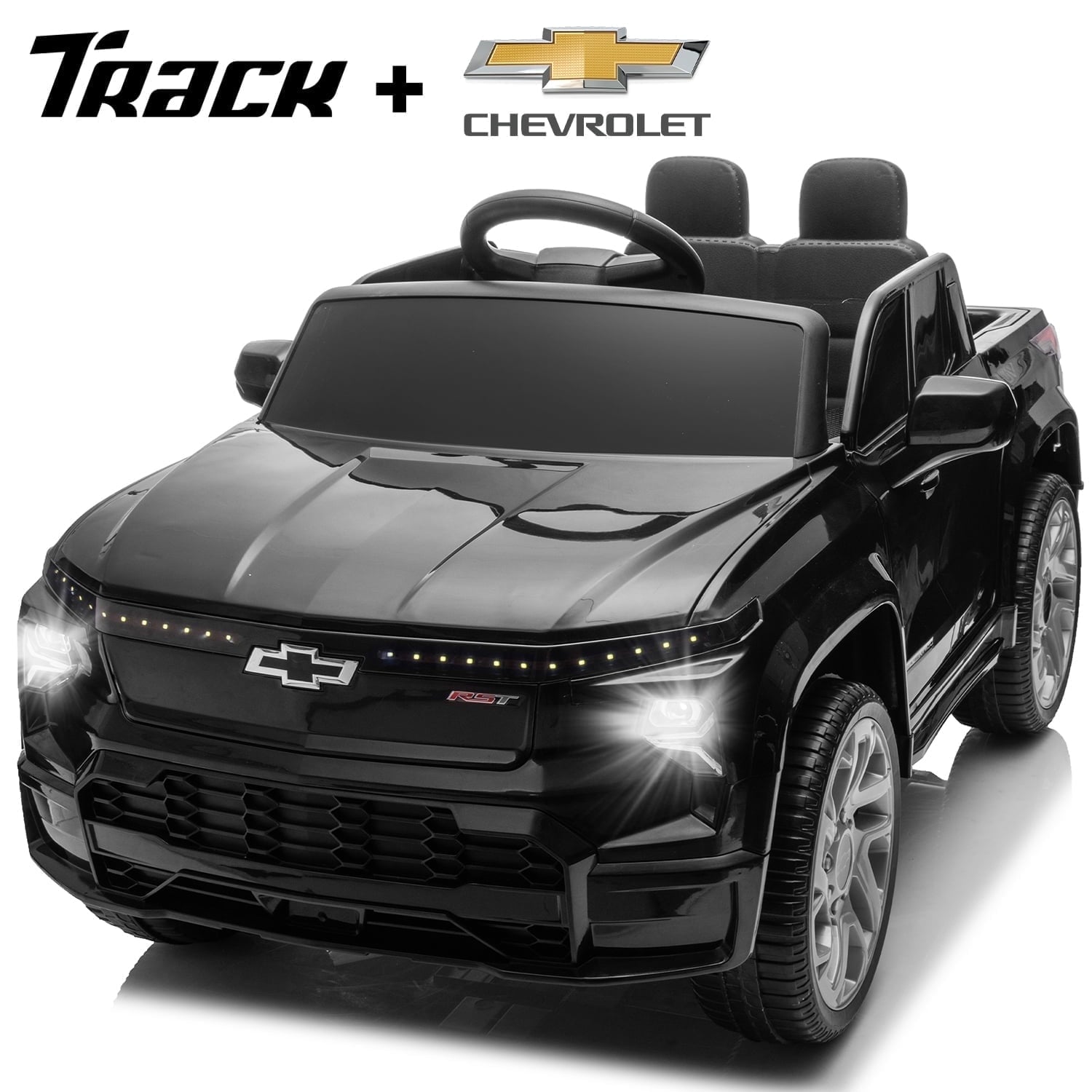Track 7 12V Ride on Car, Licensed Chevrolet Silverado Electric Car with Remote Control, Bluetooth, LED Lights, Power Display, Rear Storage, 12V Ride on Truck Car for Boys Girls Age 3+, Blue