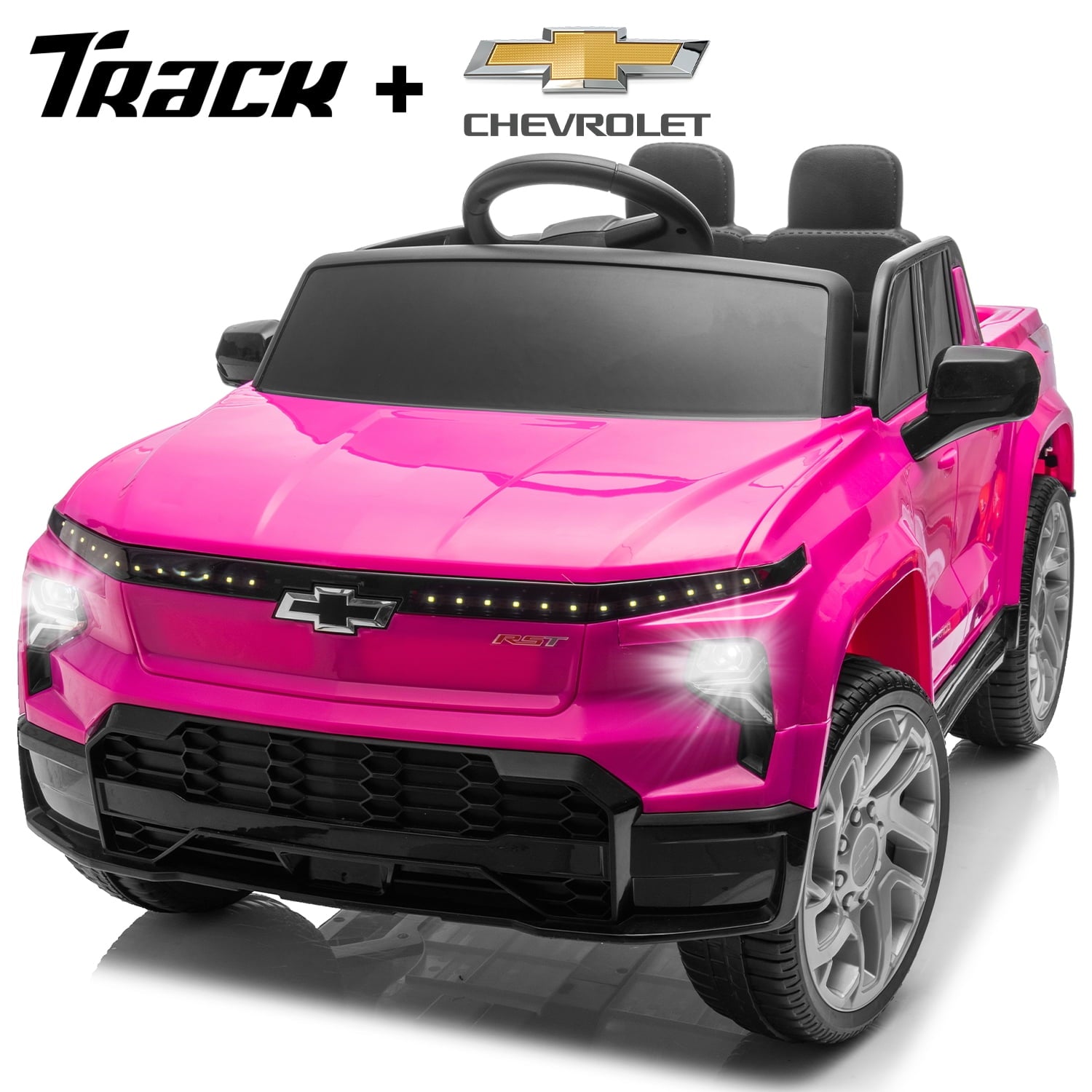 Track 7 12V Ride on Car, Licensed Chevrolet Silverado Electric Car with Remote Control, Bluetooth, LED Lights, Power Display, Rear Storage, 12V Ride on Truck Car for Boys Girls Age 3+, Pink