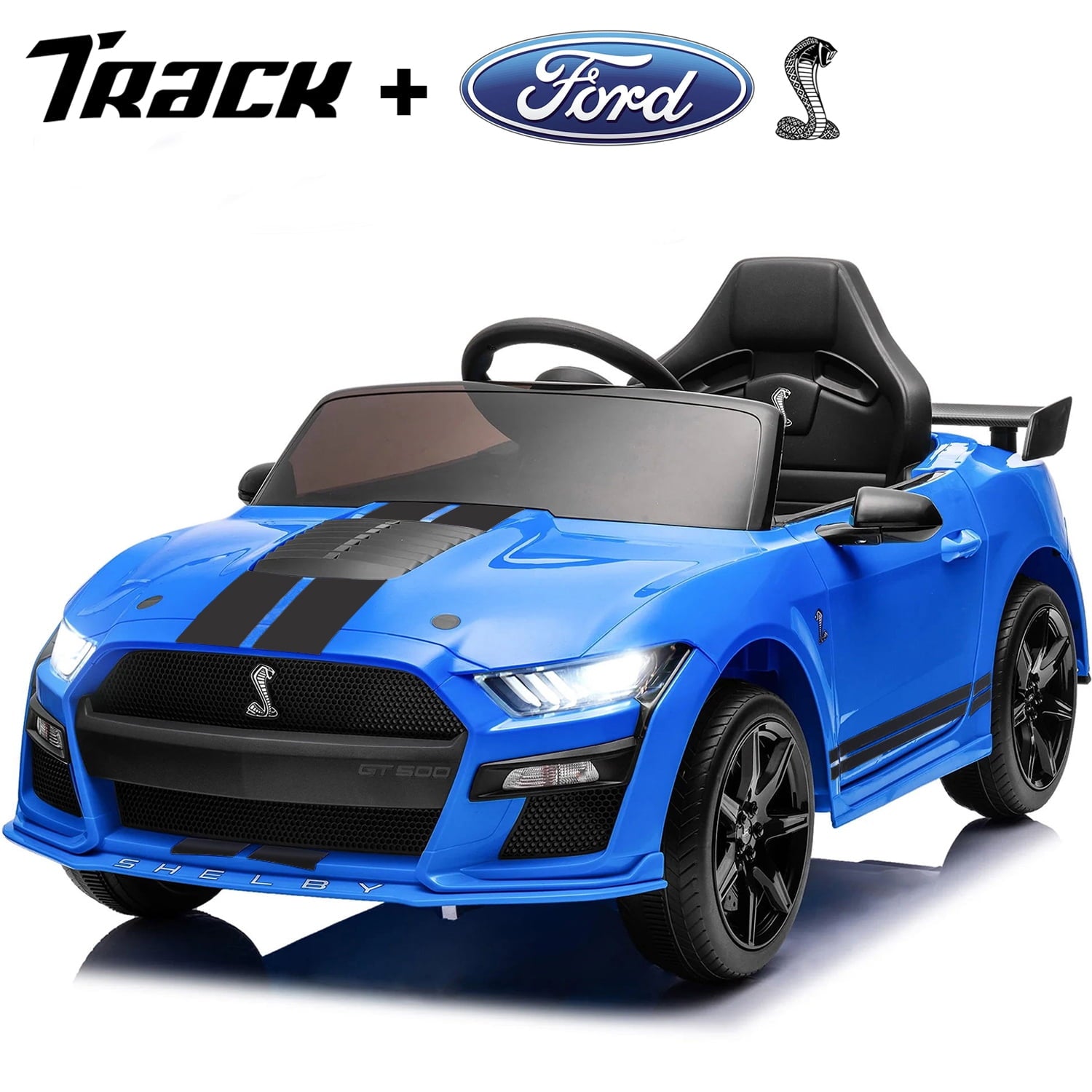 Track 7 12V Ride on Car, Licensed Ford Mustang Shelby GT500 Ride on Car with Remote Control, LED Lights, Music & Bluetooth, Electric Car for Boys Gilrs Age3+， Black