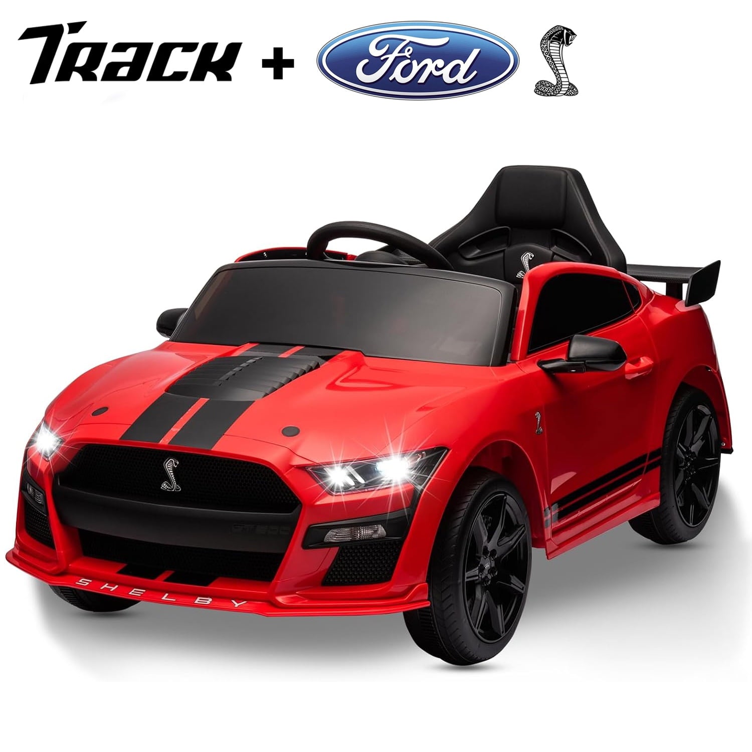 Track 7 12V Ride on Car, Licensed Ford Mustang Shelby GT500 Ride on Car with Remote Control, LED Lights, Music & Bluetooth, Electric Car for Boys Gilrs Age3+, Blue